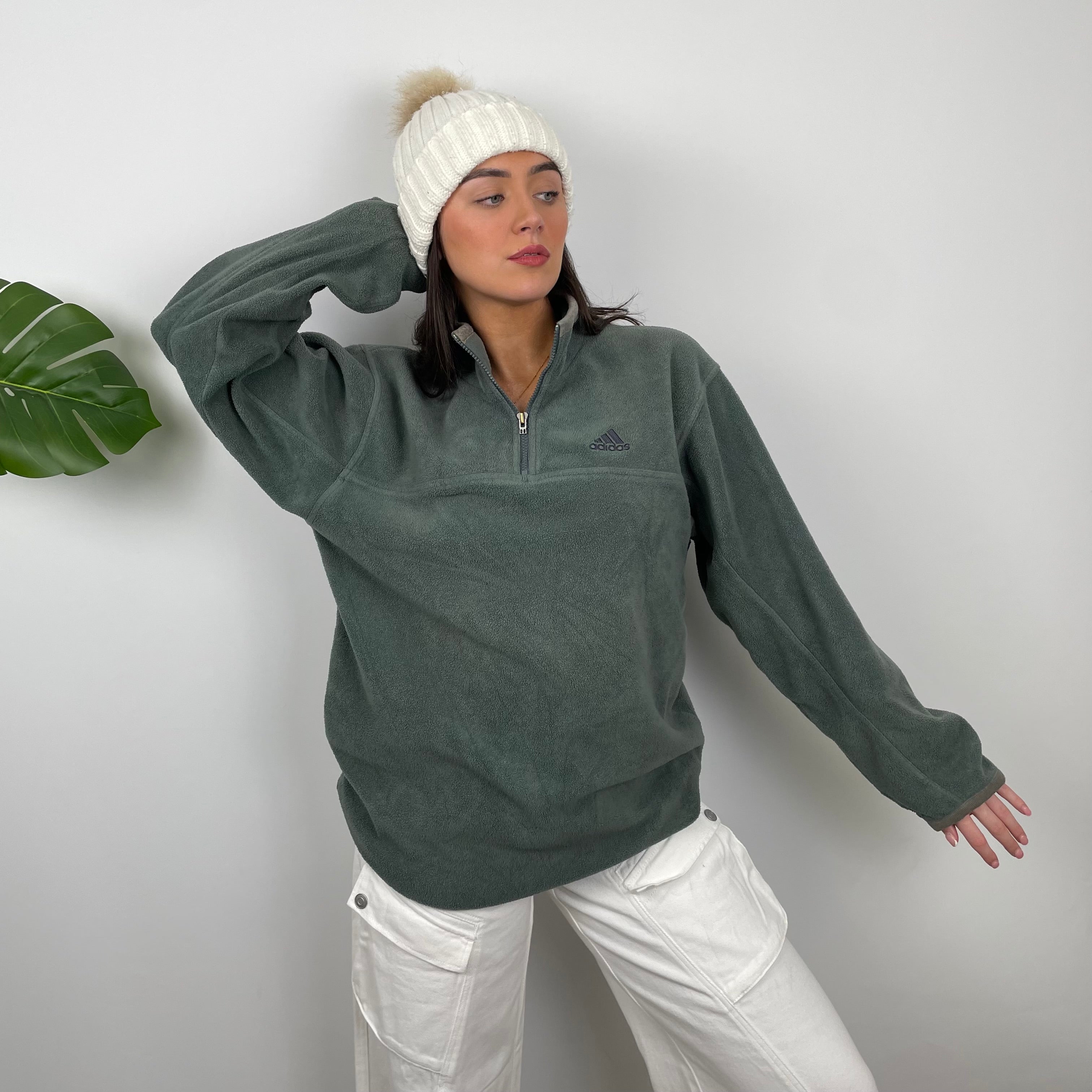 Adidas Green Embroidered Spell Out Fleece Quarter Zip Sweatshirt (XL)