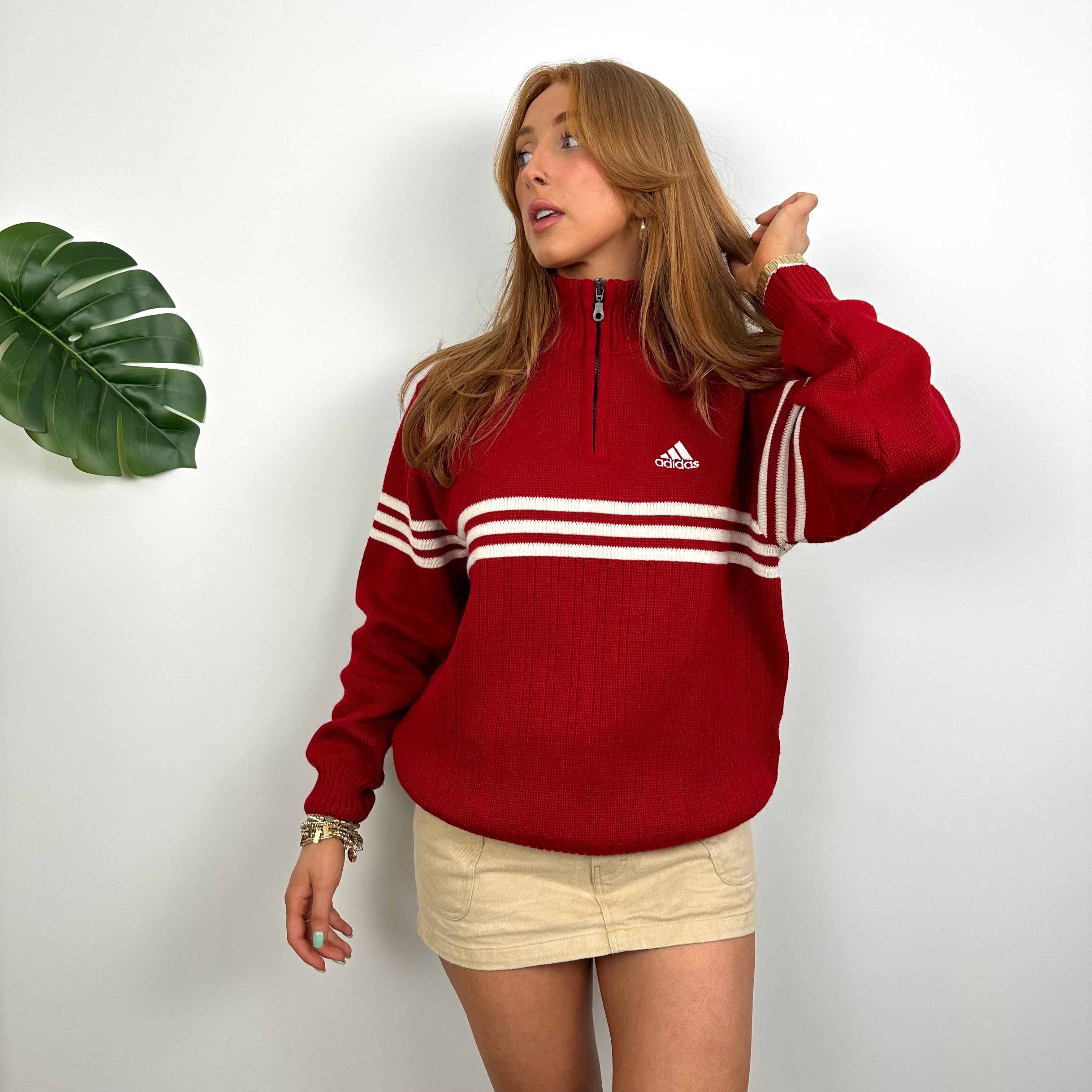 Adidas RARE Red Embroidered Logo Quarter Zip Knitted Sweater (S)