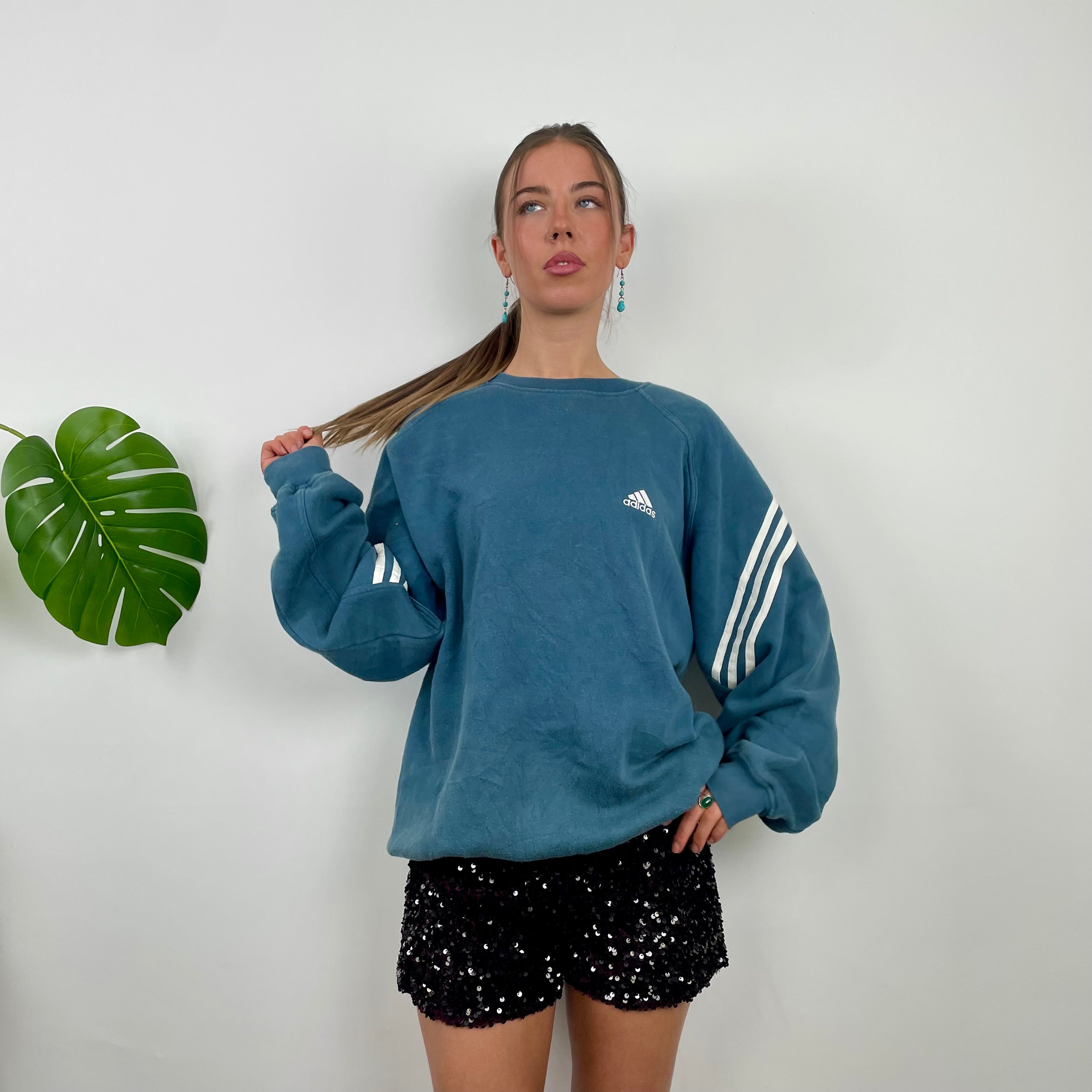 Adidas Blue Embroidered Spell Out Sweatshirt (XL)