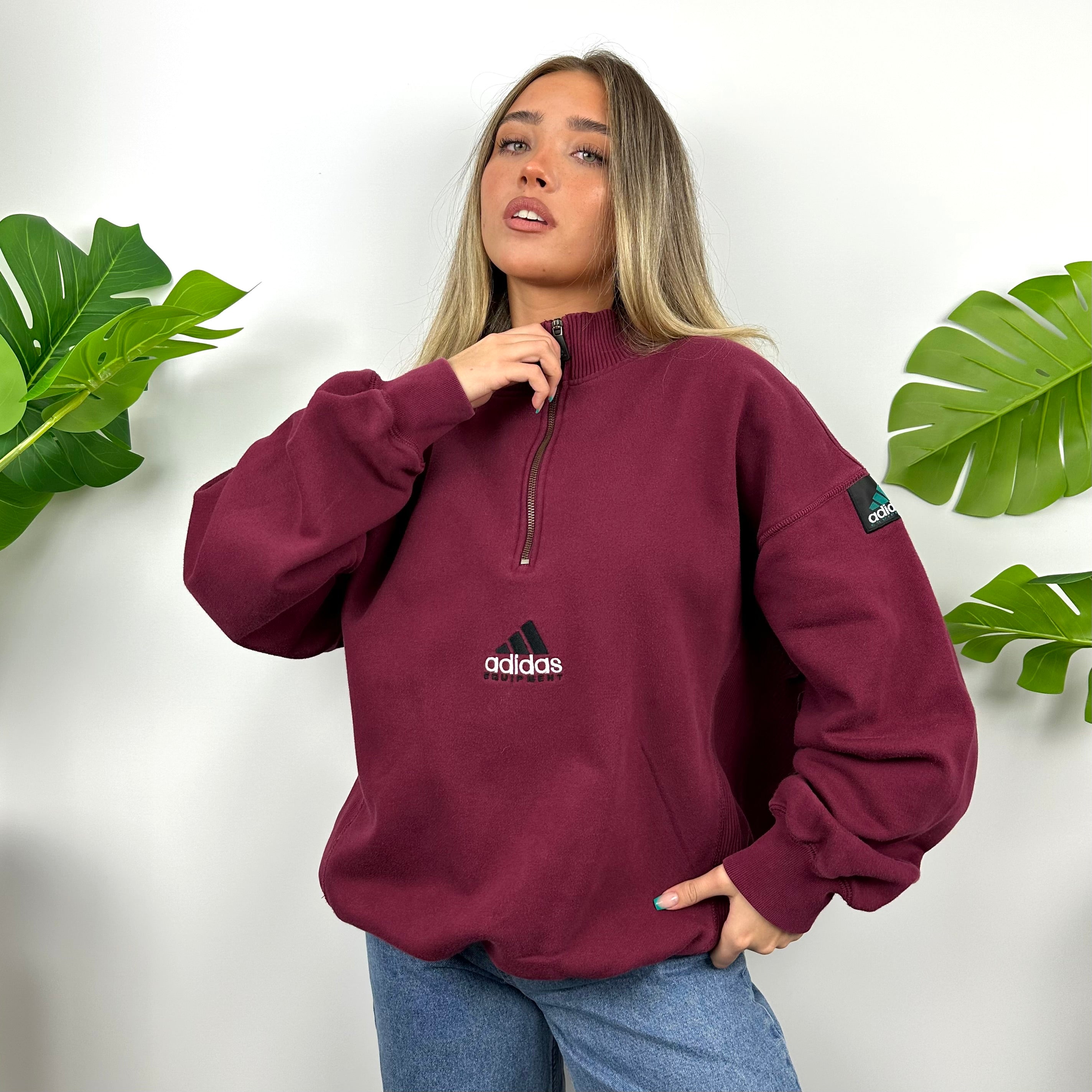 Adidas Equipment Maroon Embroidered Spell Out Quarter Zip Sweatshirt (L)