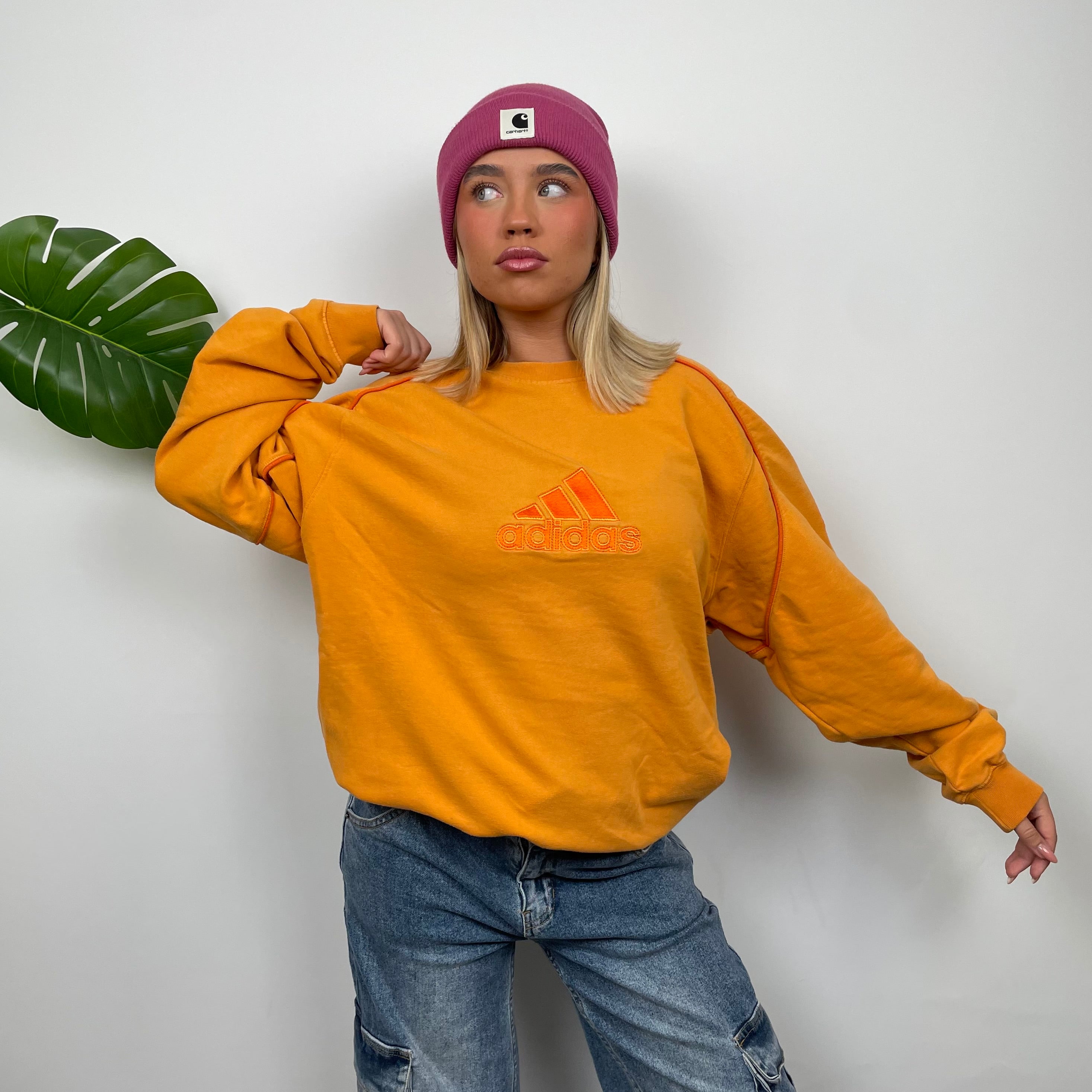 Adidas Orange Embroidered Spell Out Sweatshirt (L)