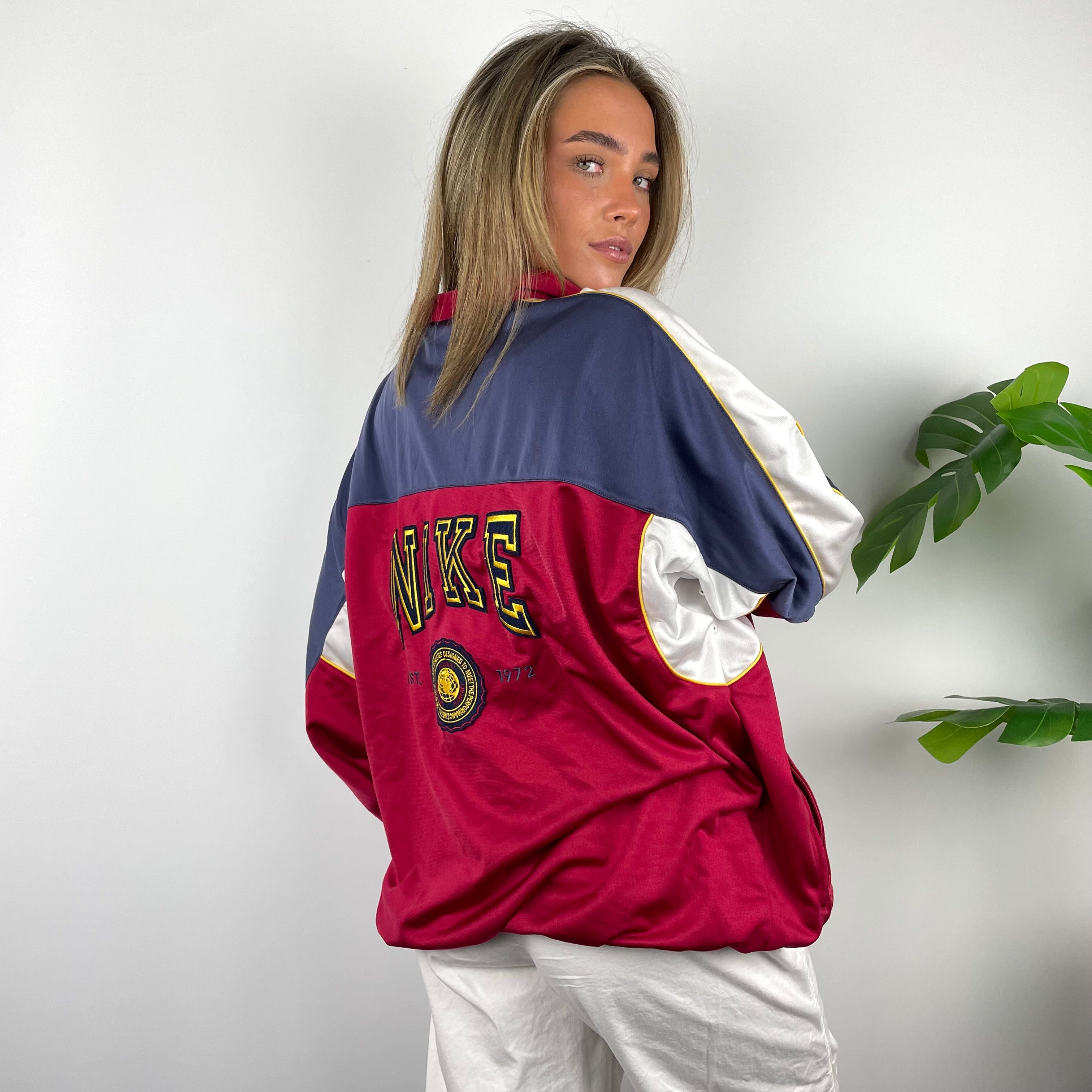 Nike RARE Red Embroidered Spell Out Zip Up Track Jacket (XL)