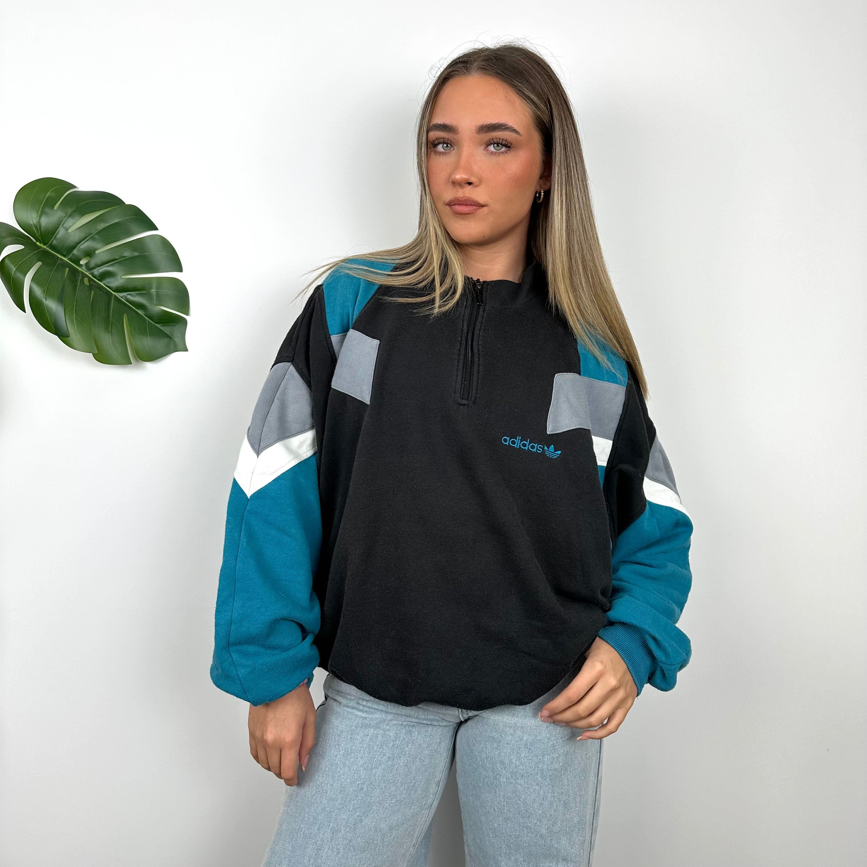 Adidas Colour Block Embroidered Spell Out Quarter Zip Sweatshirt (L)