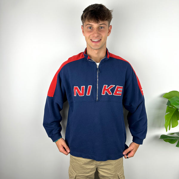Nike Navy Embroidered Spell Out Quarter Zip Sweatshirt (XL)