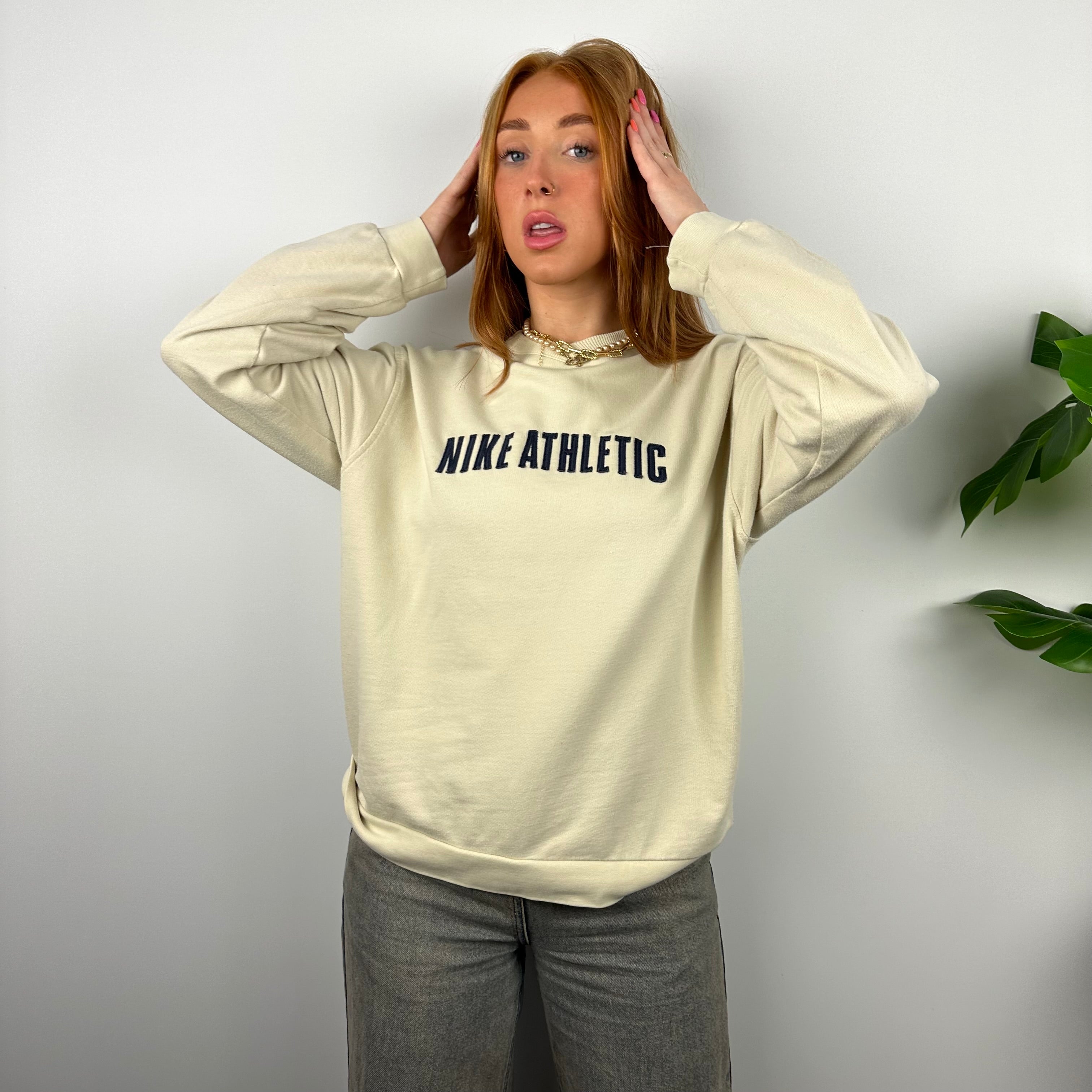 Nike Athletic RARE Cream Embroidered Spell Out Sweatshirt (S)