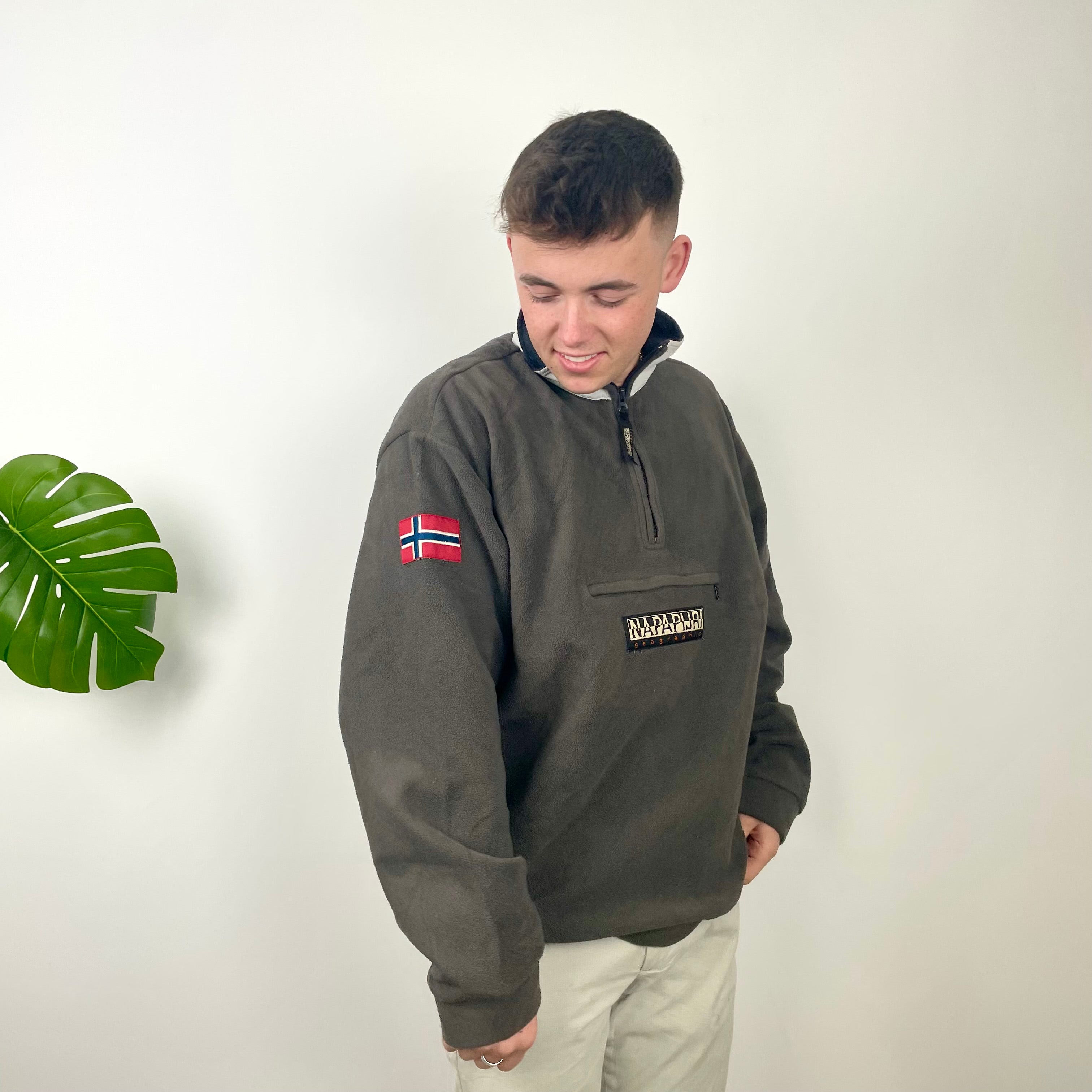 Napapijri RARE Grey Embroidered Spell Out Teddy Bear Fleece Quarter Zip Sweatshirt (XL)