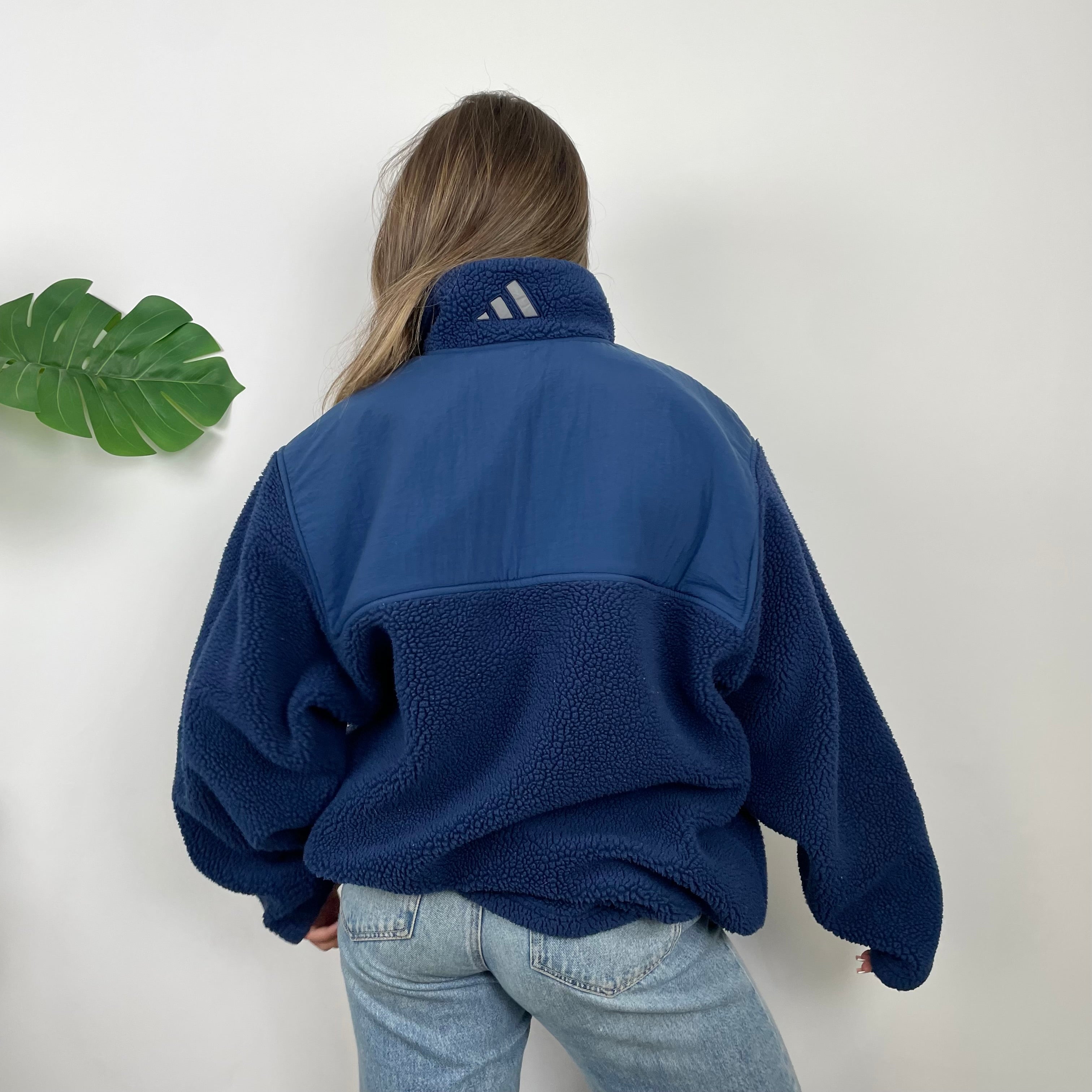 Adidas Navy Embroidered Spell Out Teddy Bear Sherpa Fleece Quarter Zip Sweatshirt (XL)