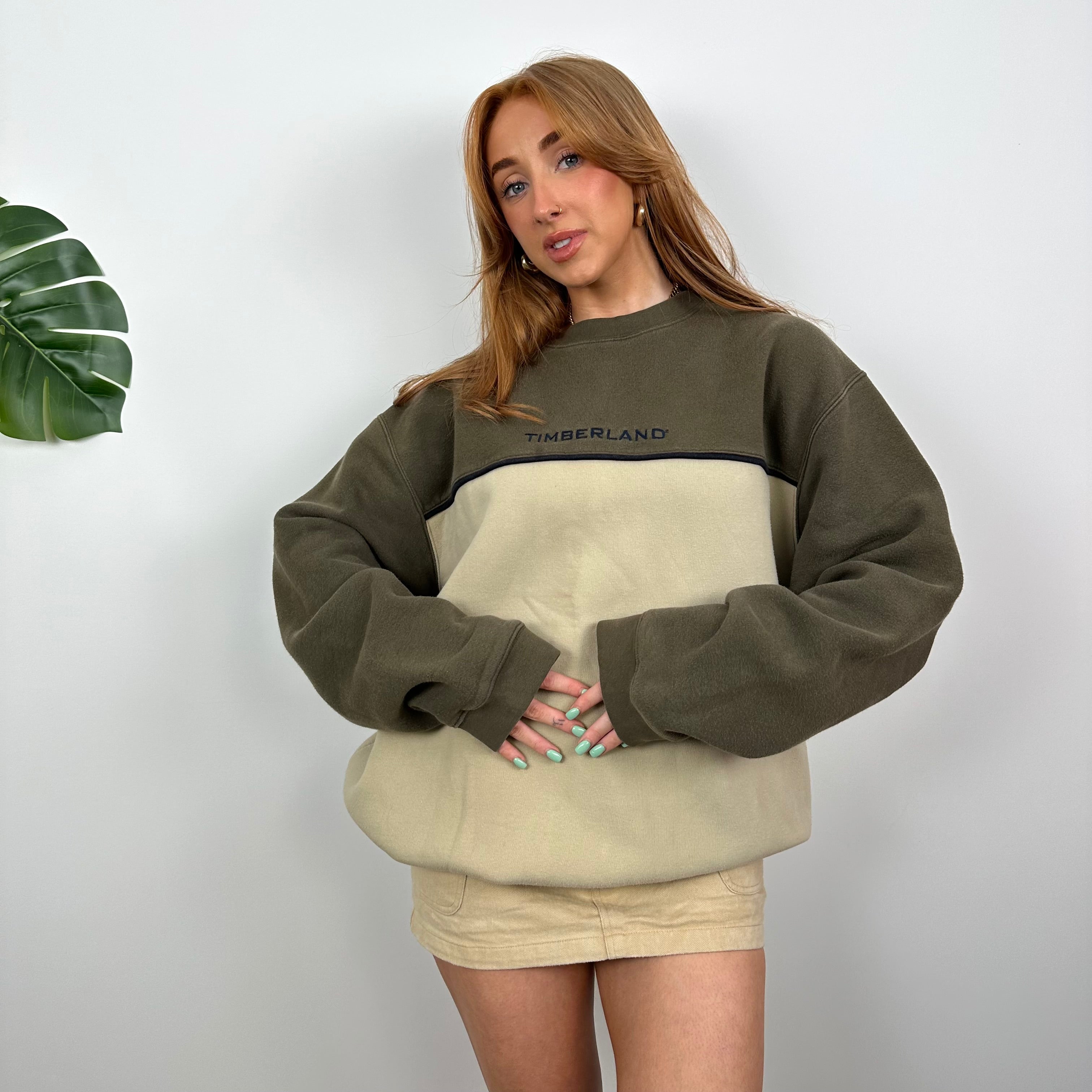 Timberland RARE Khaki and Tan Embroidered Spell Out Sweatshirt (L)