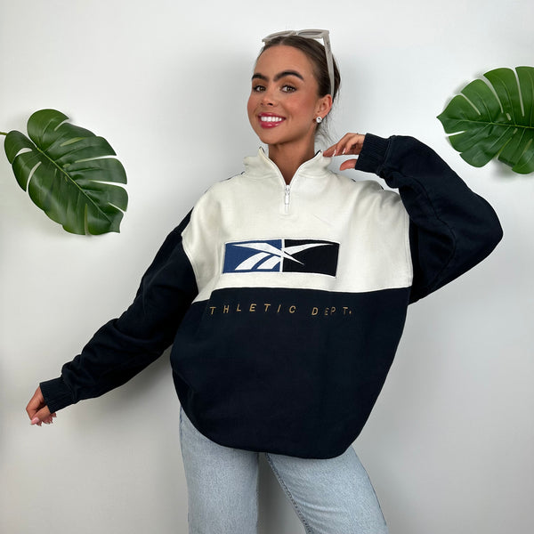 Reebok Navy & White Embroidered Spell Out Quarter Zip Sweatshirt (M)