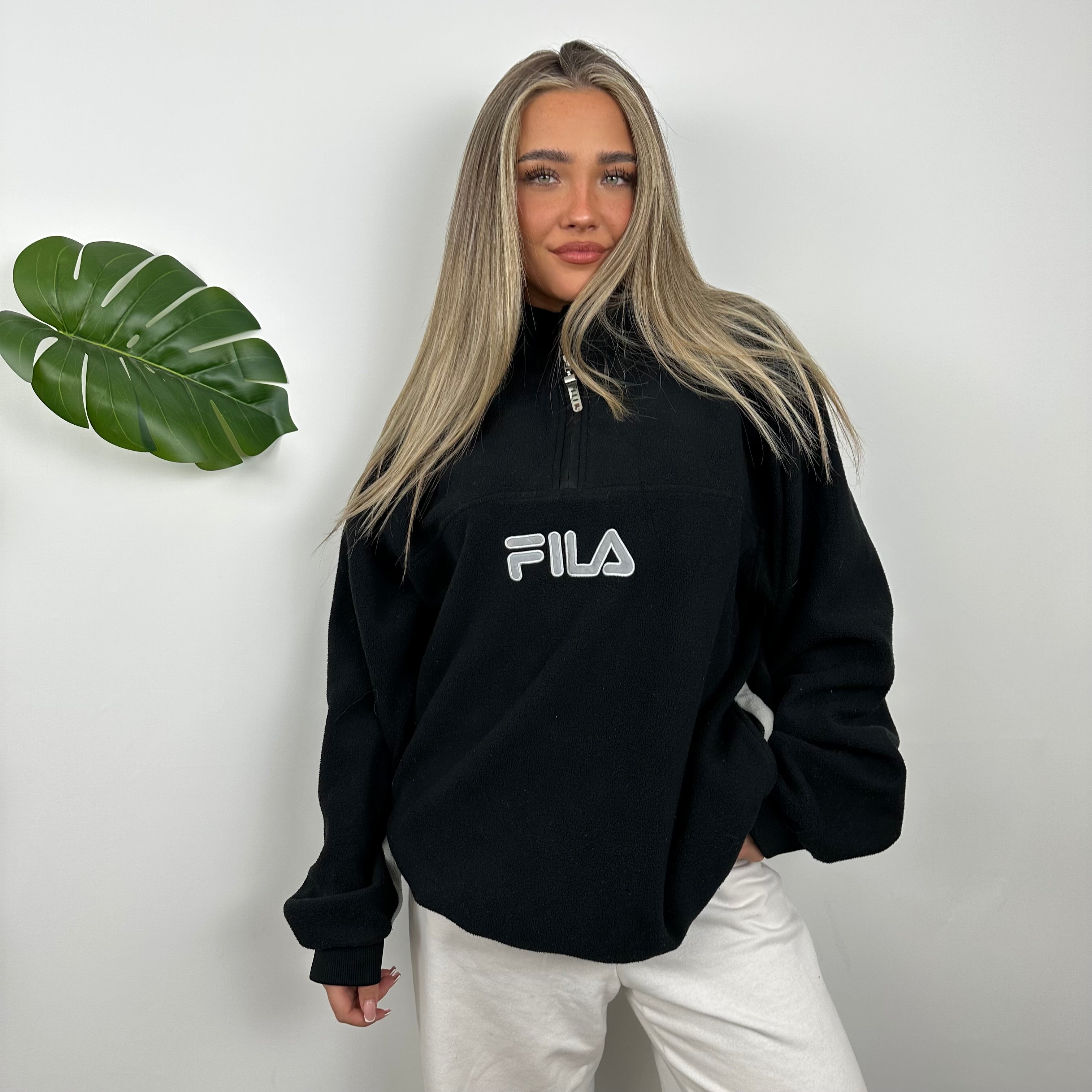 FILA Black Embroidered Spell Out Teddy Bear Fleece Quarter Zip Sweatshirt (XL)