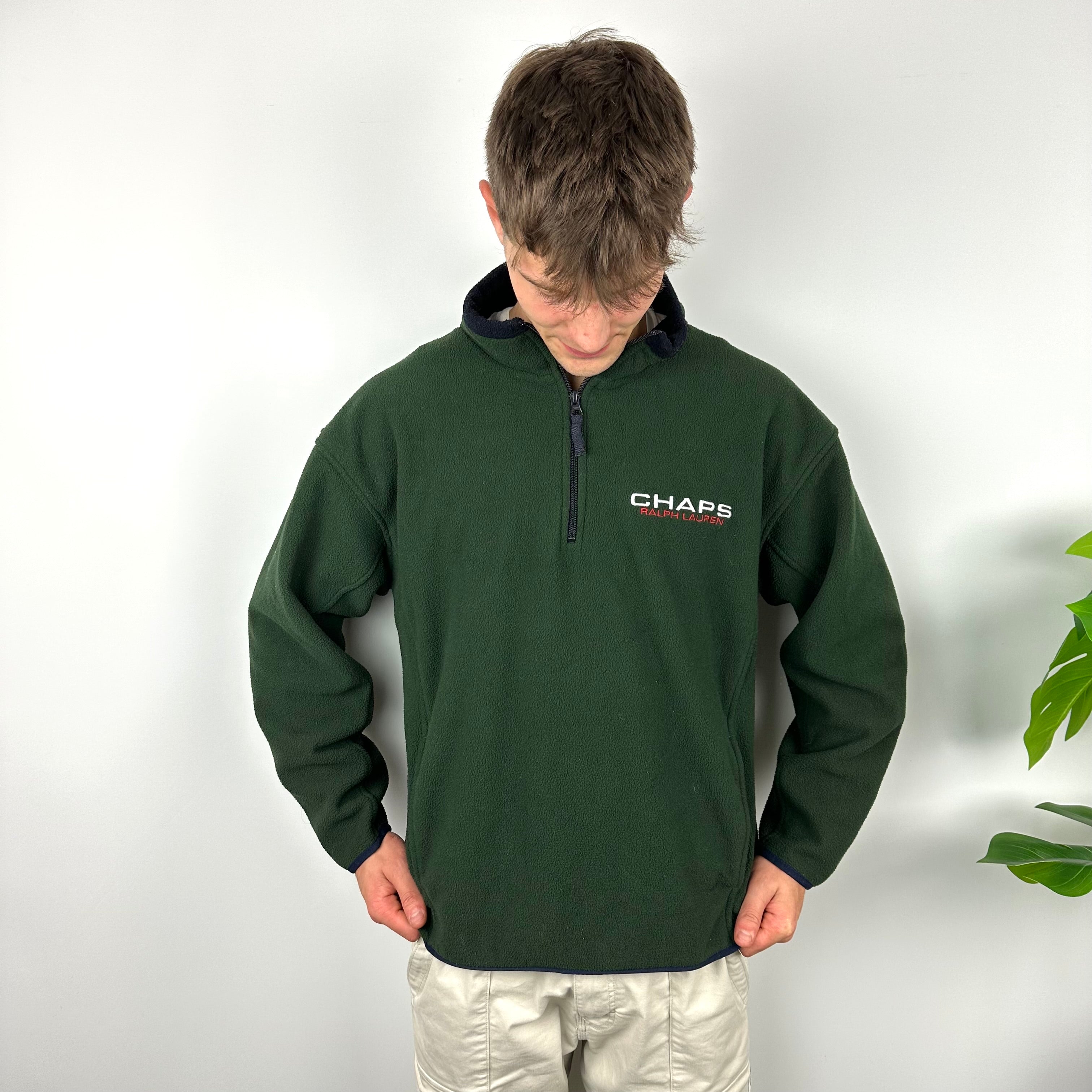Chaps Ralph Lauren Green Embroidered Spell Out Teddy Bear Fleece Quarter Zip Sweatshirt (L)