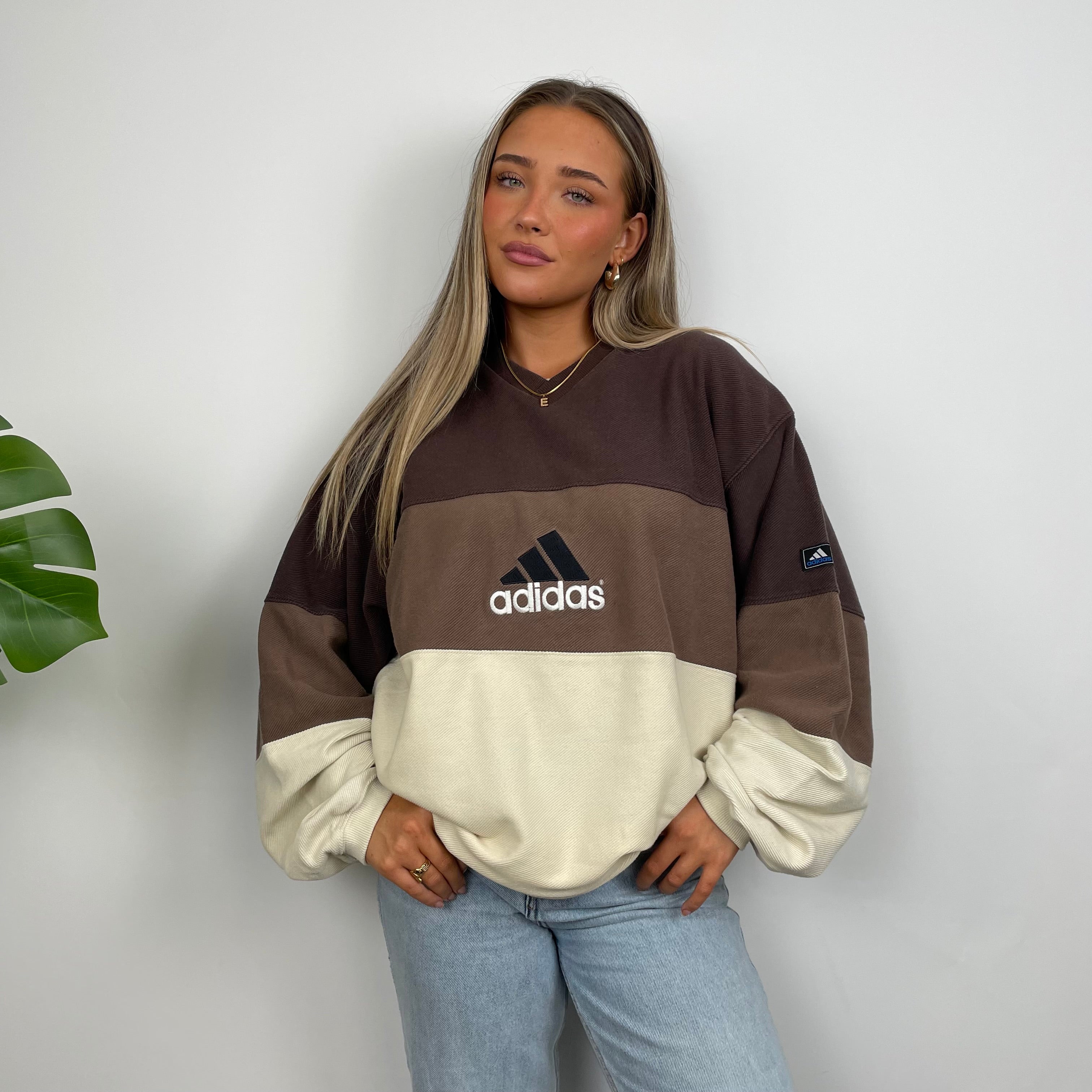 Adidas RARE Cream & Brown Colour Block Embroidered Spell Out Sweatshirt (XL)