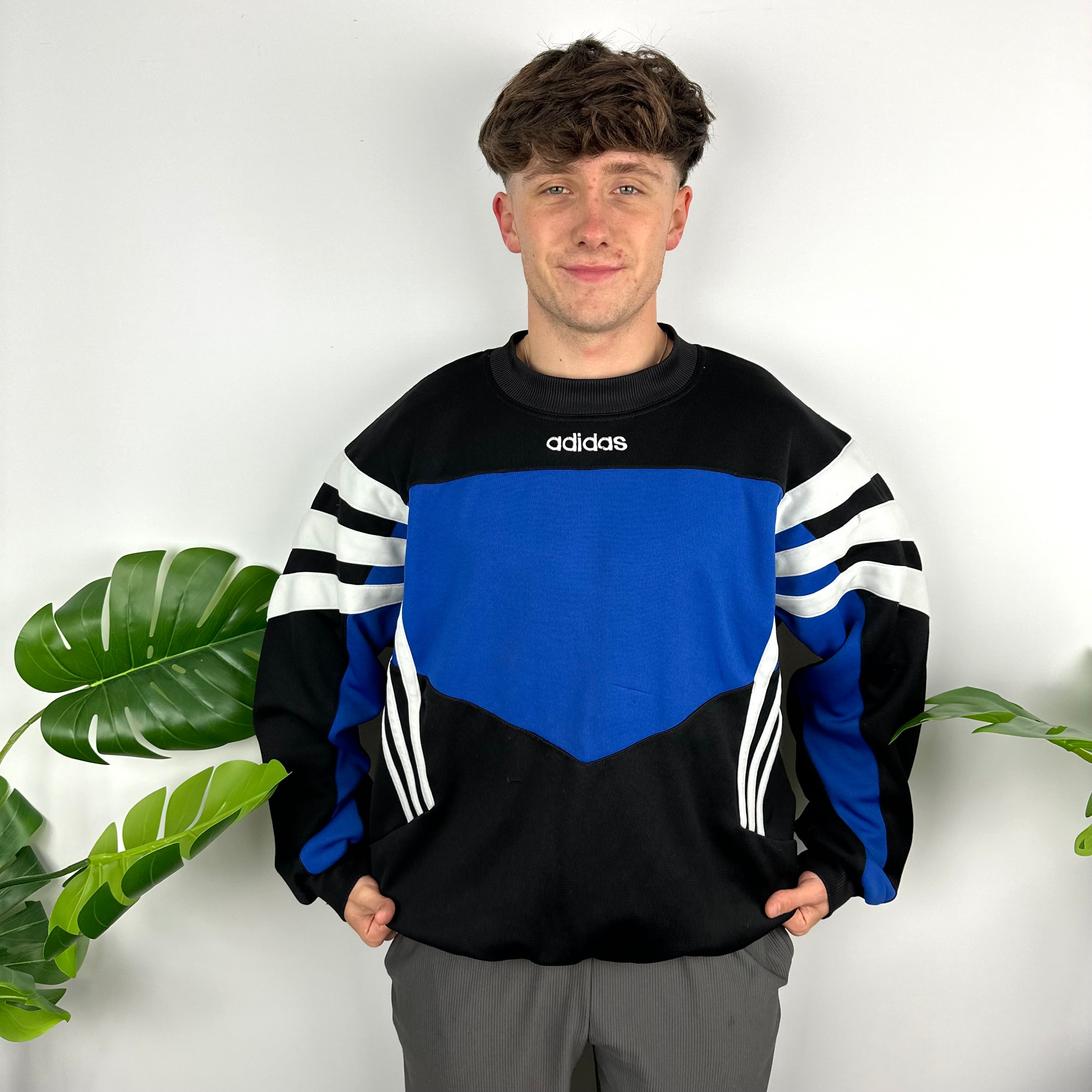 Adidas Black & Blue Embroidered Spell Out Colour Block Sweatshirt (L)