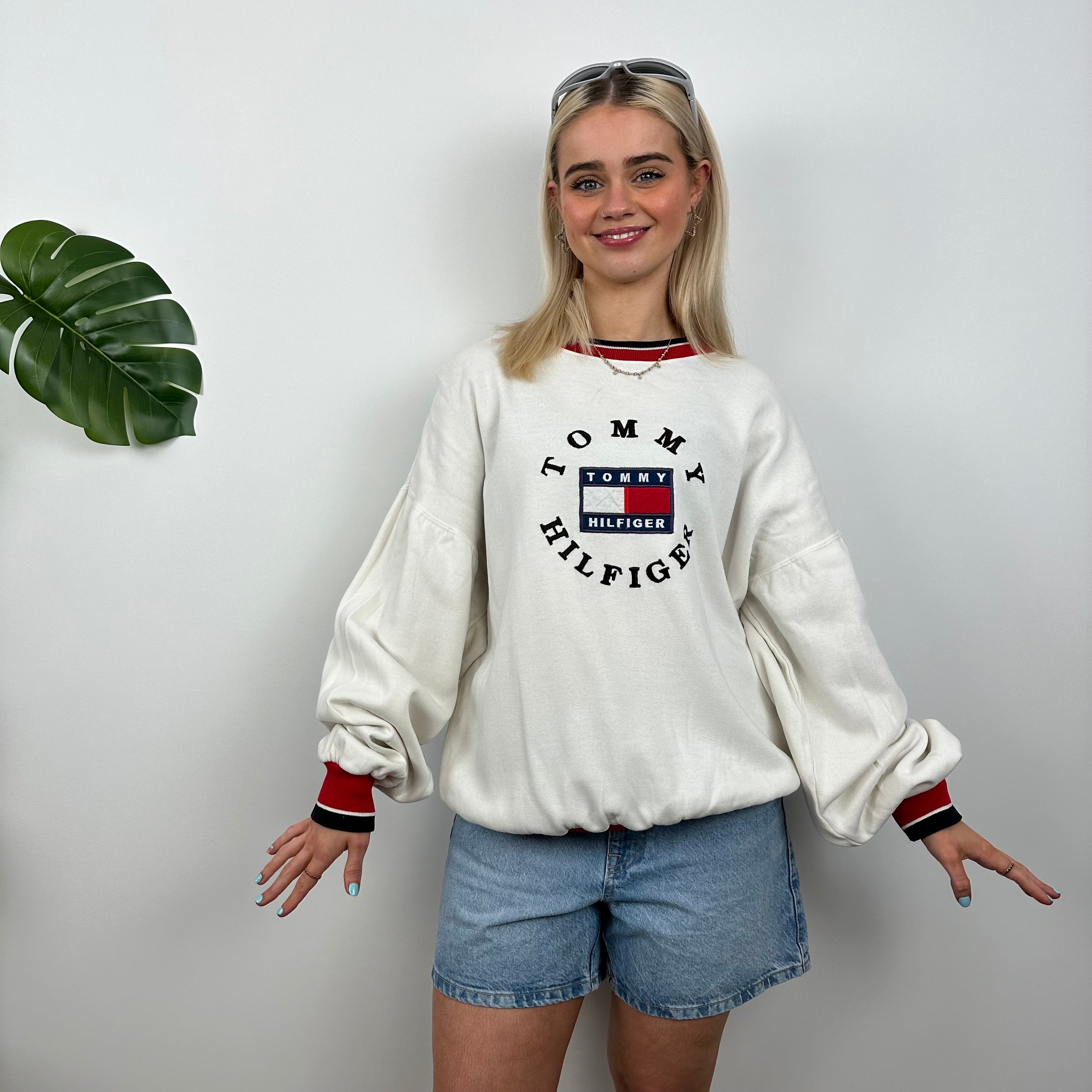 Tommy Hilfiger RARE White Embroidered Spell Out Sweatshirt (M)