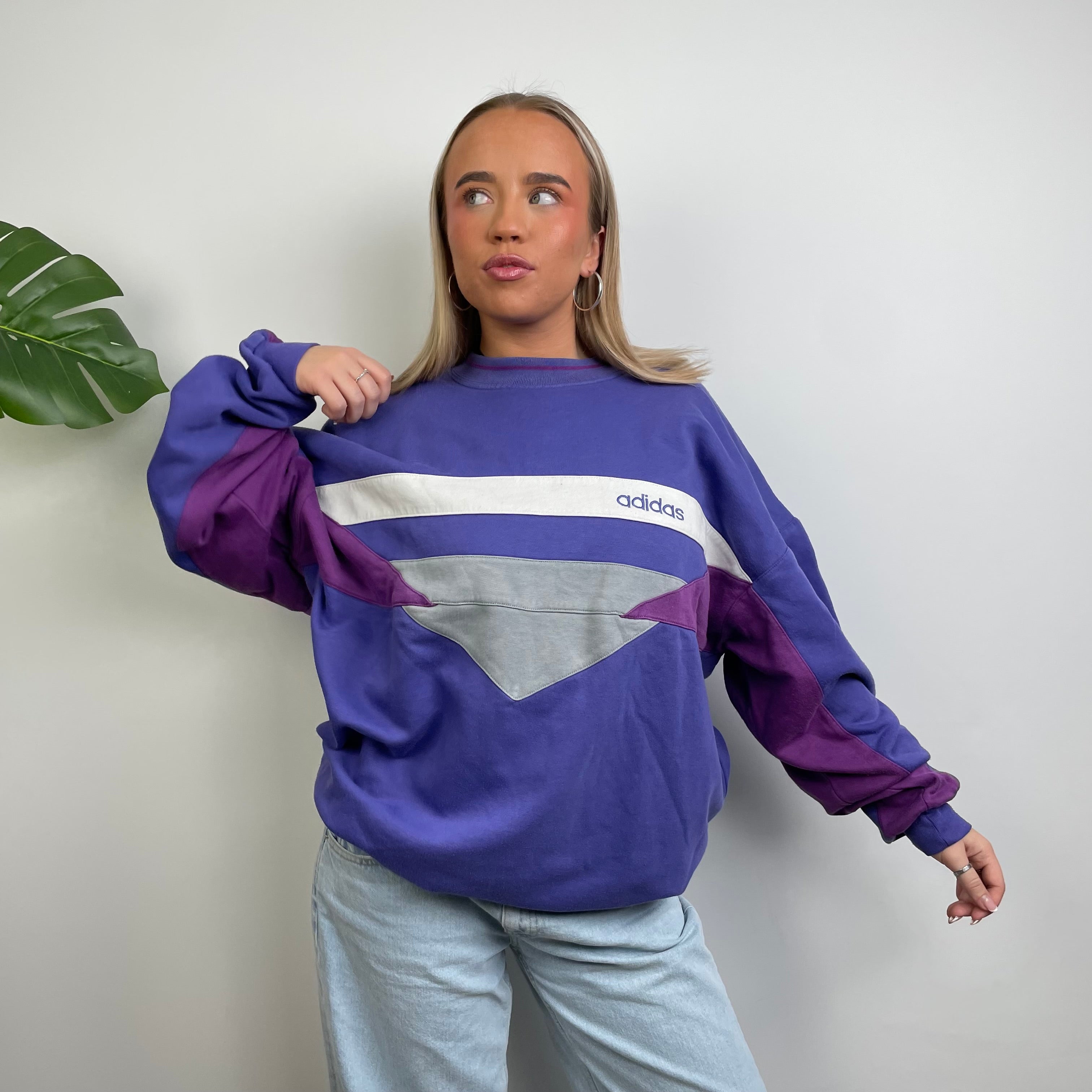 Adidas Blue Colour Block Embroidered Spell Out Sweatshirt (L)