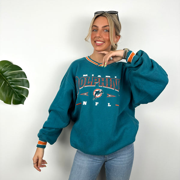 NFL Miami Dolphins Turquoise Embroidered Spell Out Sweatshirt (L)