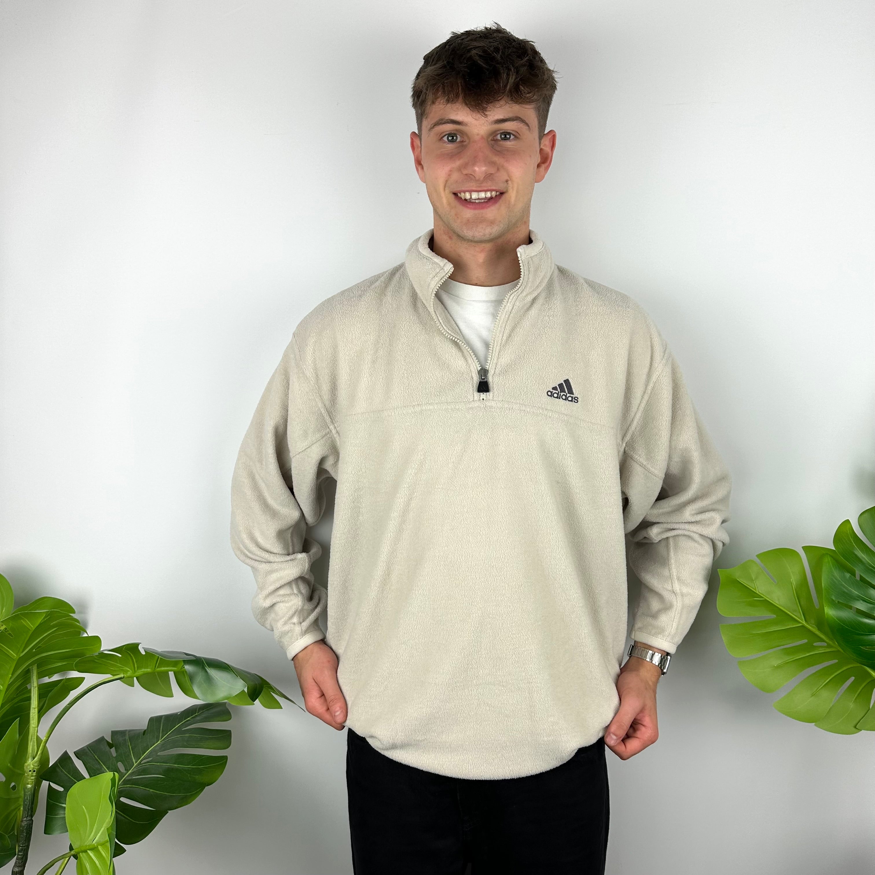 Adidas Cream Embroidered Spell Out Teddy Bear Fleece Quarter Zip Sweatshirt (XL)
