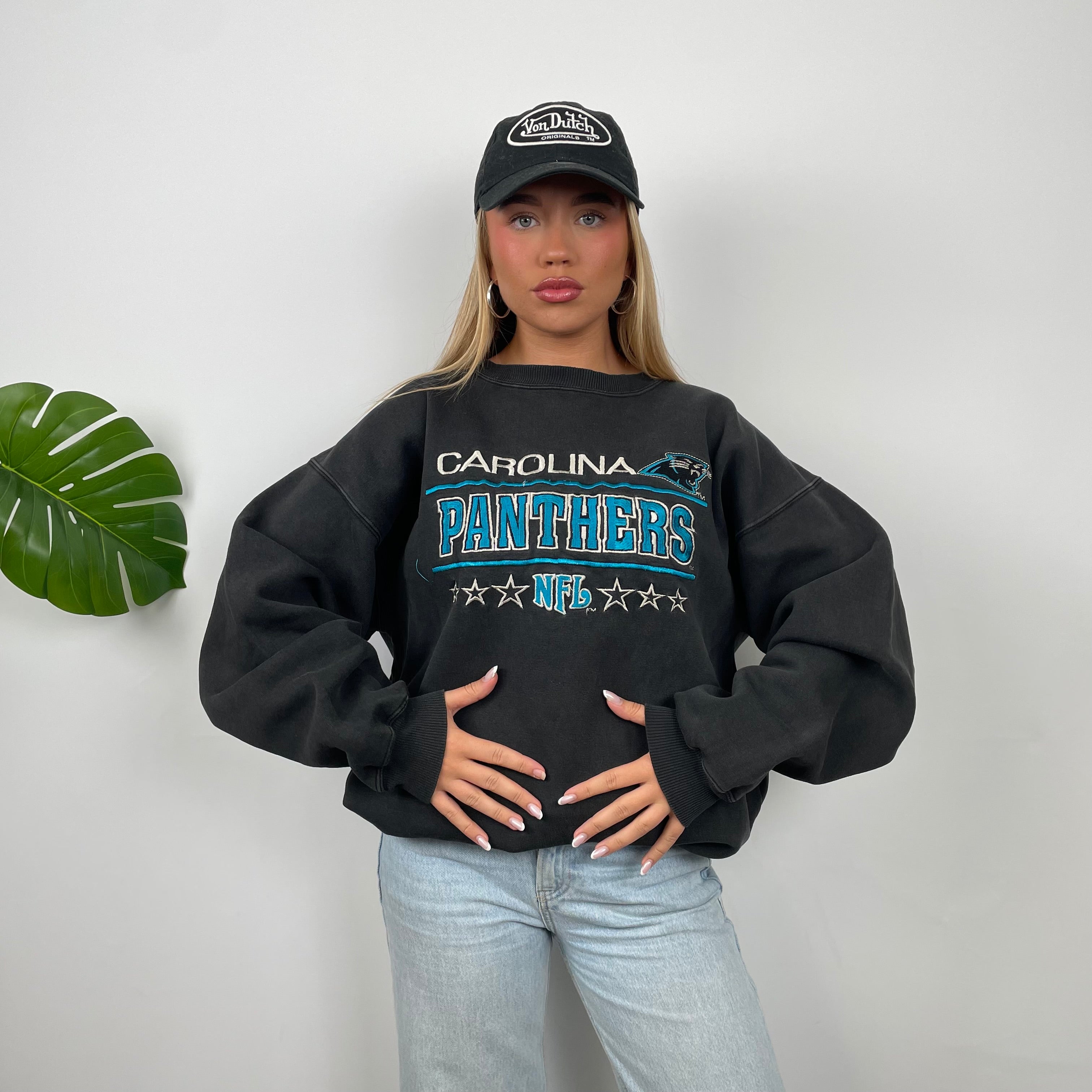 NFL Carolina Panthers Black Embroidered Spell Out Sweatshirt (L)