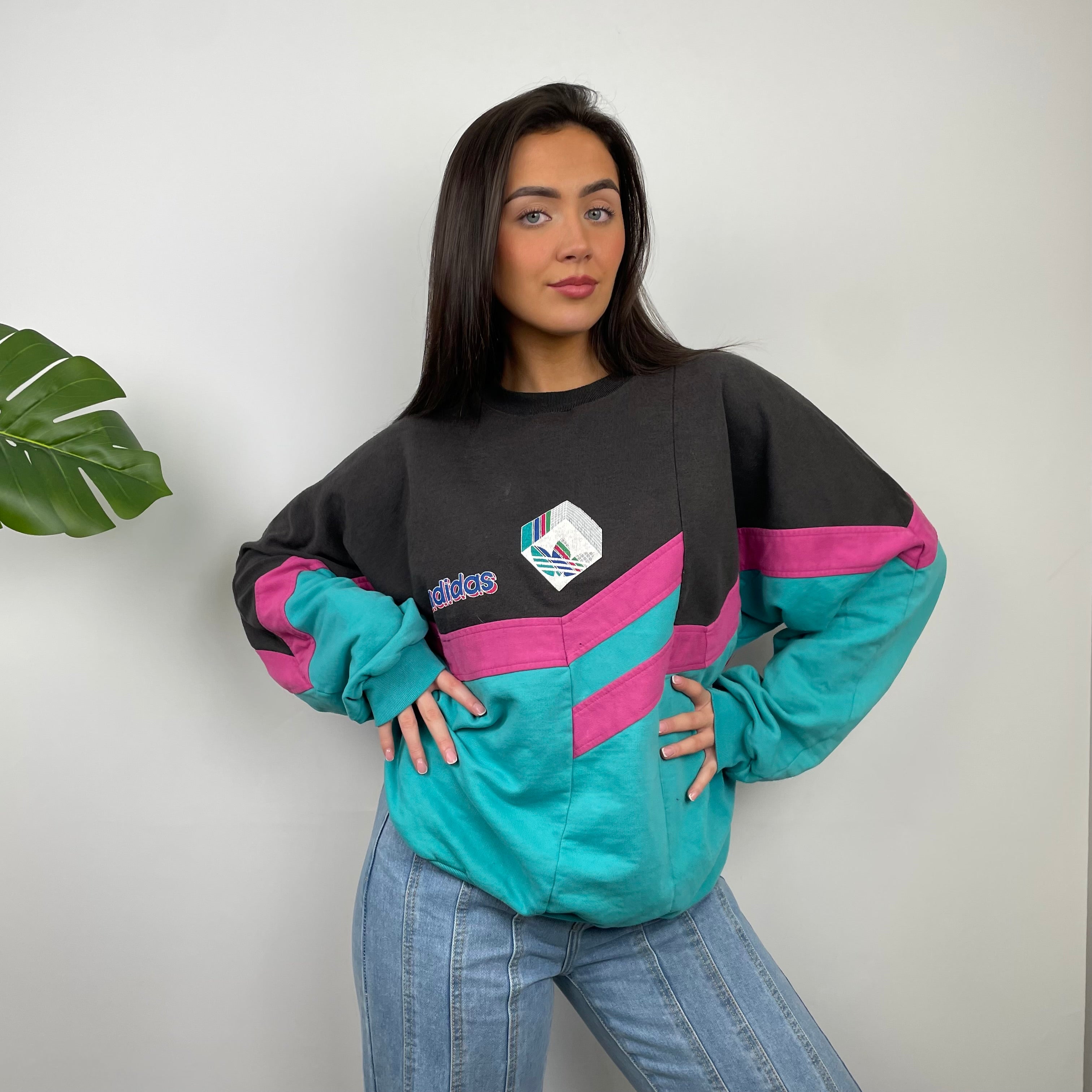 Adidas Colour Block Embroidered Spell Out Sweatshirt (L)