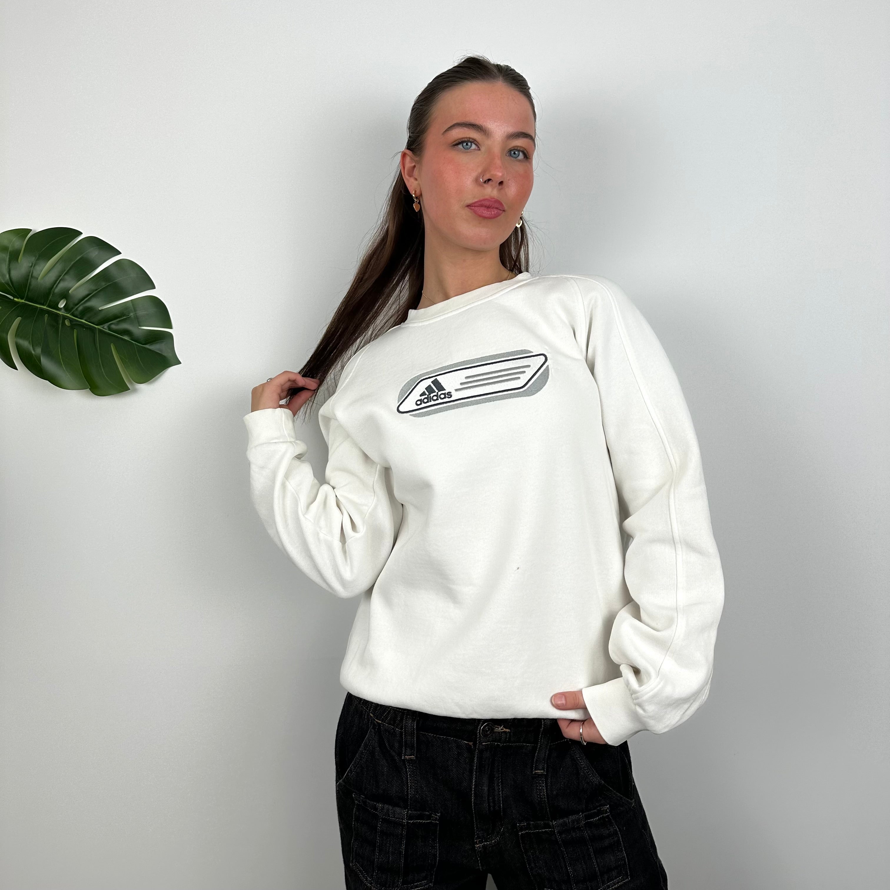 Adidas White Embroidered Spell Out Sweatshirt (M)