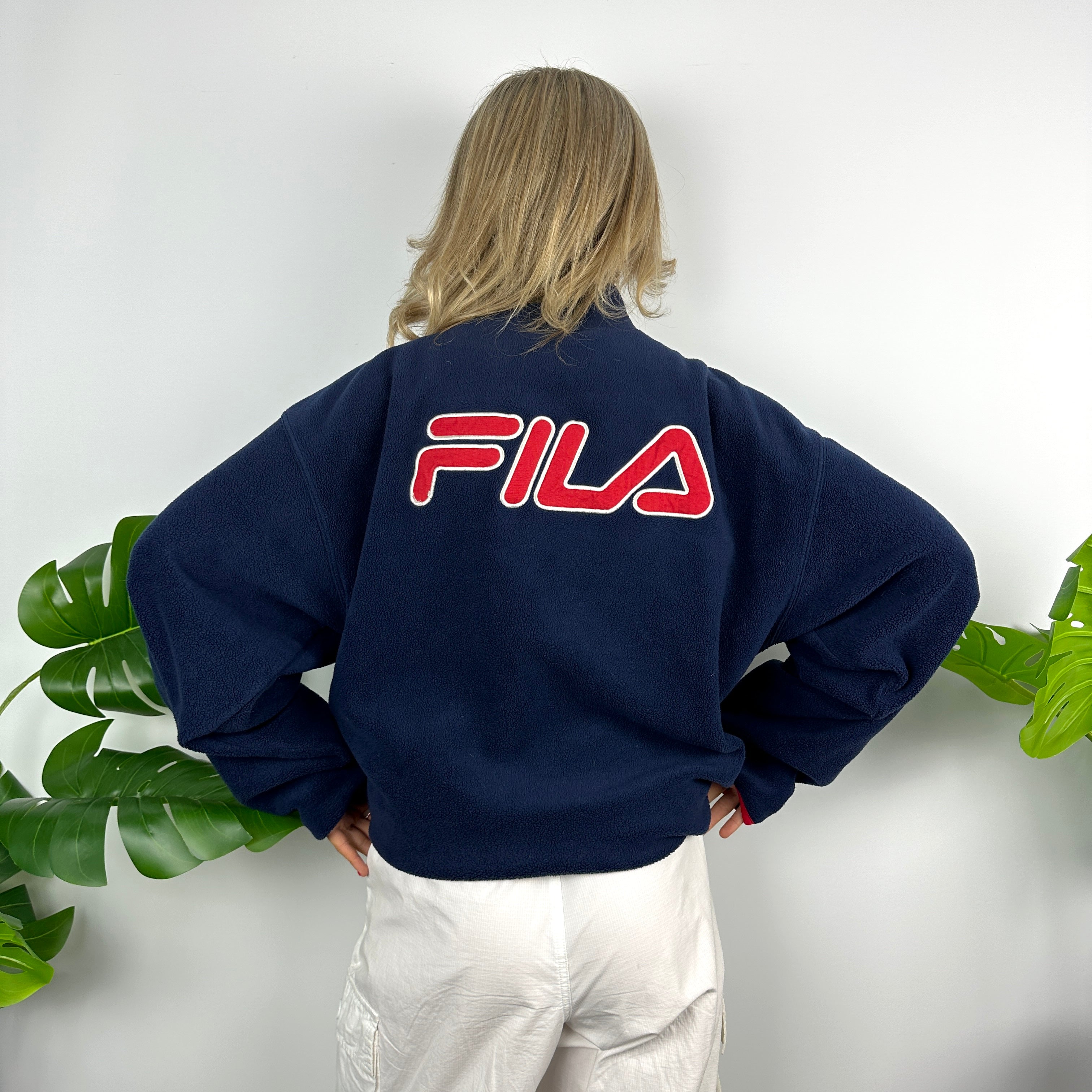 FILA Navy Embroidered Spell Out Teddy Bear Fleece Quarter Zip Sweatshirt (L)