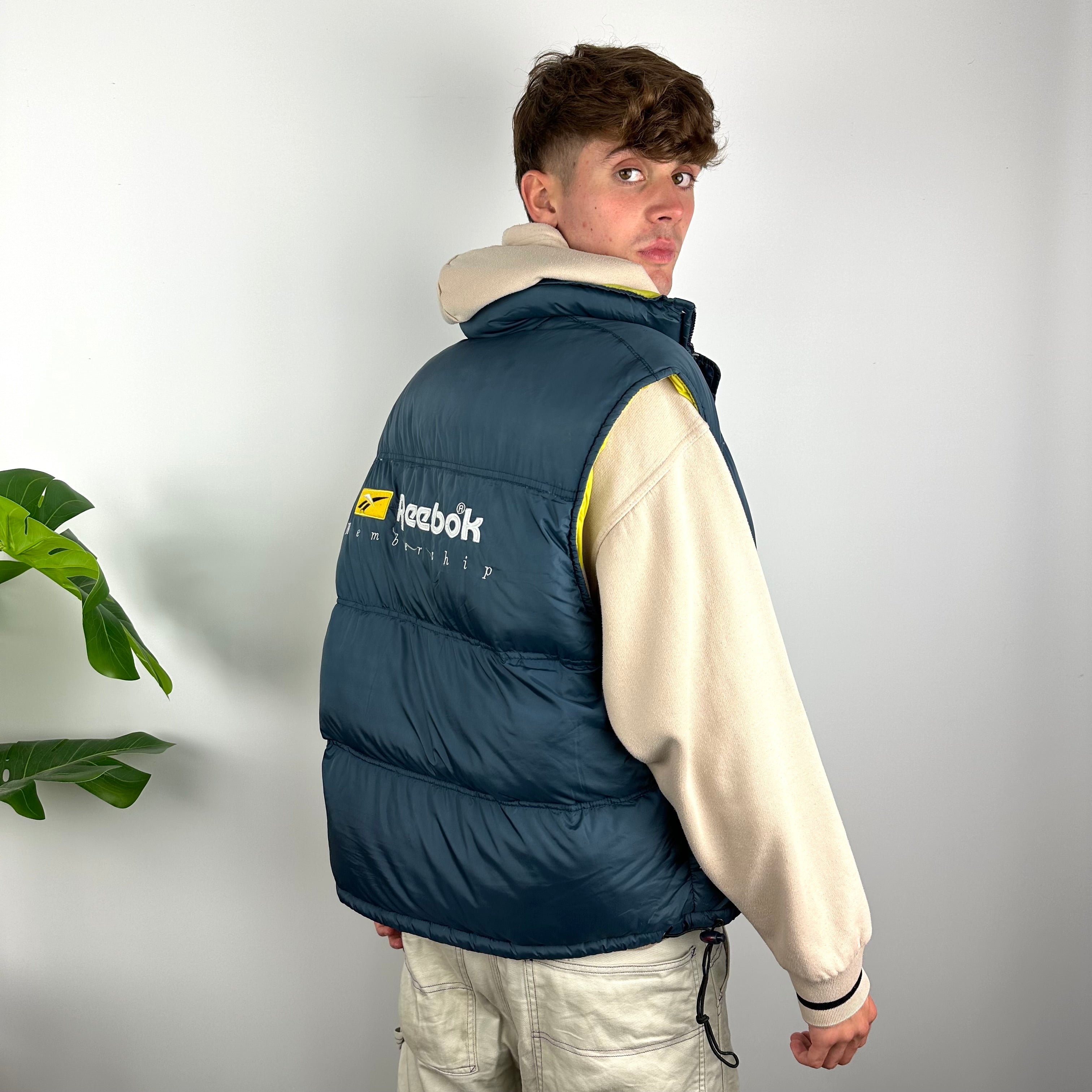 Reebok RARE Navy Embroidered Spell Out Puffer Gilet (M)