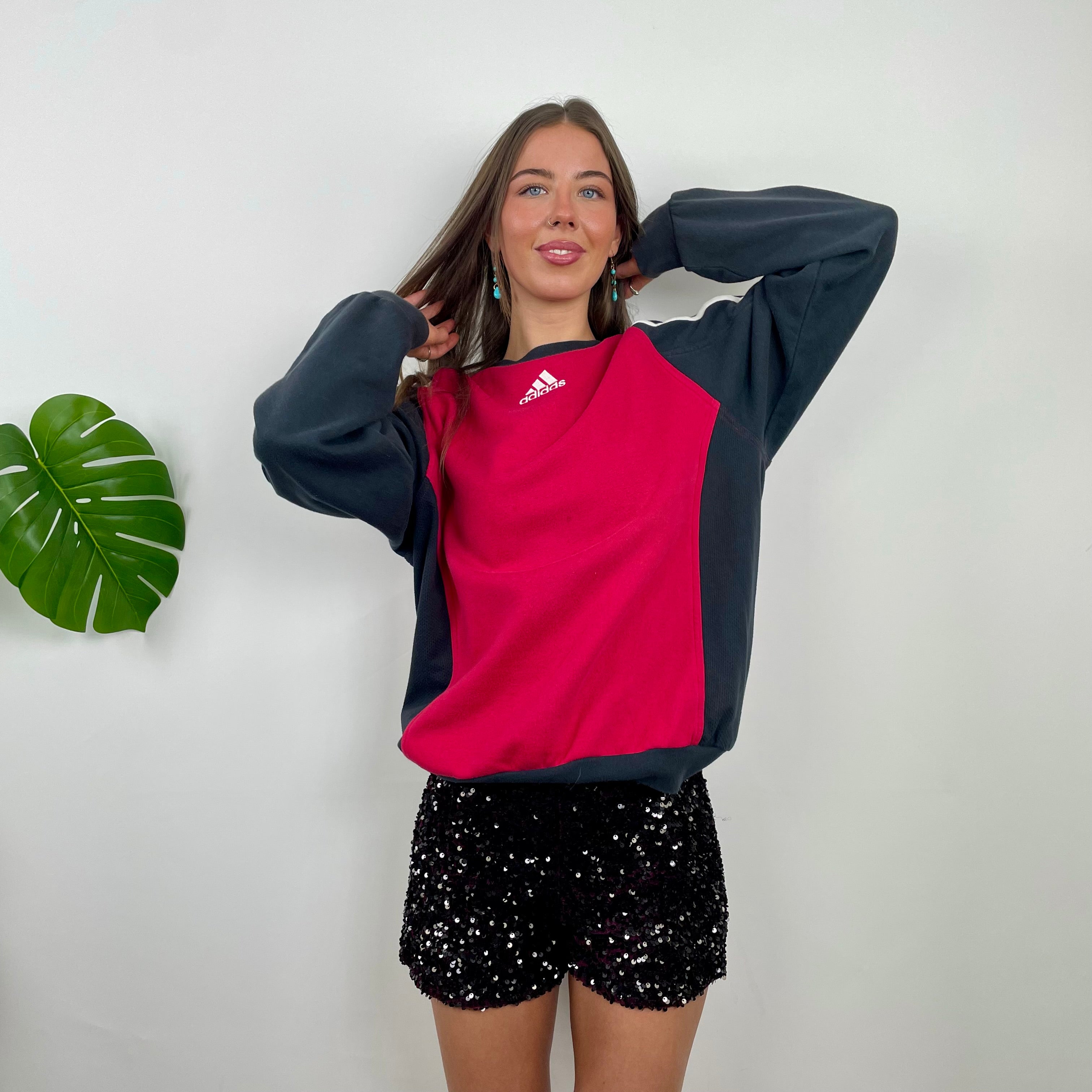 Adidas Red & Black Embroidered Spell Out Colour Block Sweatshirt (L)