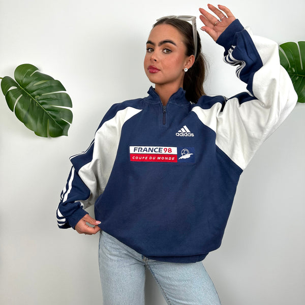 Adidas x Football World Cup France 1998 RARE Navy Embroidered Spell Out Quarter Zip Sweatshirt (M)