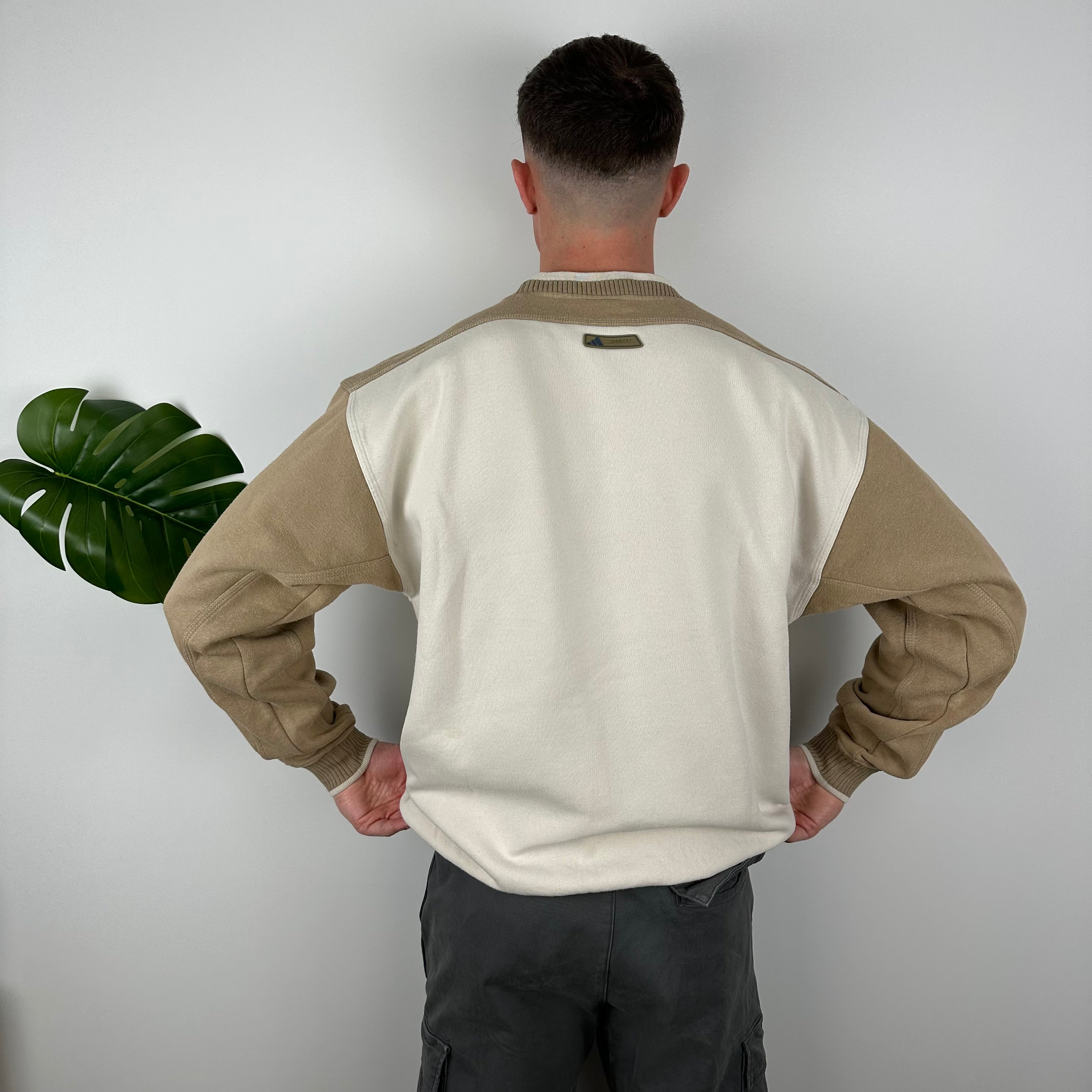 Adidas Cream and Tan Brown Embroidered Spell Out Sweatshirt (M)