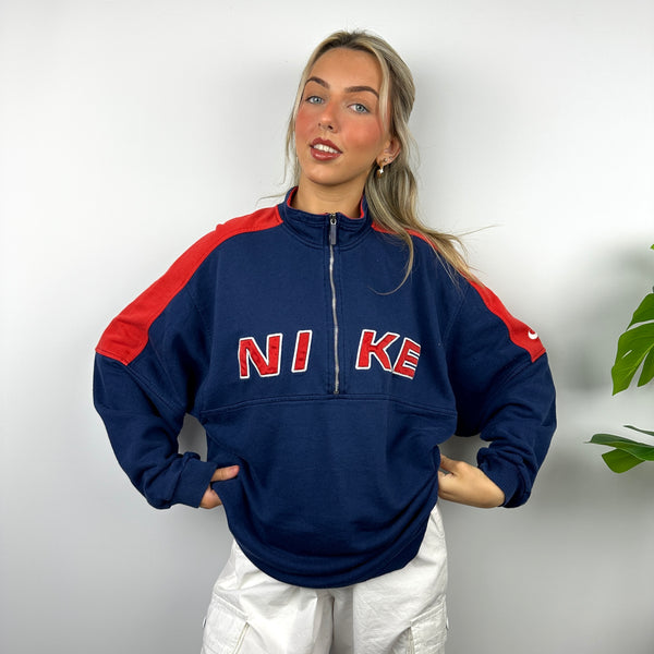 Nike Navy Embroidered Spell Out Quarter Zip Sweatshirt (XL)