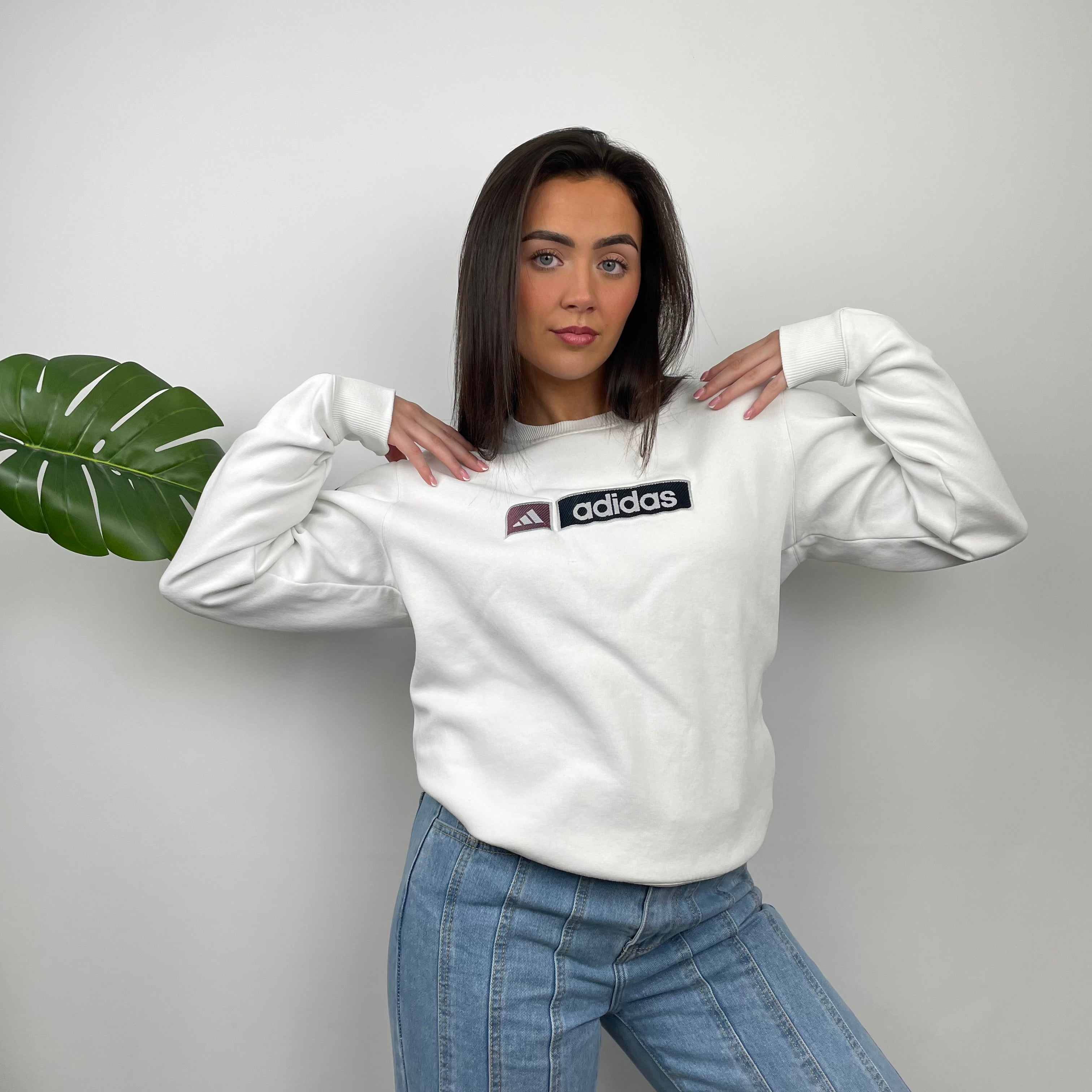 Adidas White Embroidered Spell Out Sweatshirt (M)