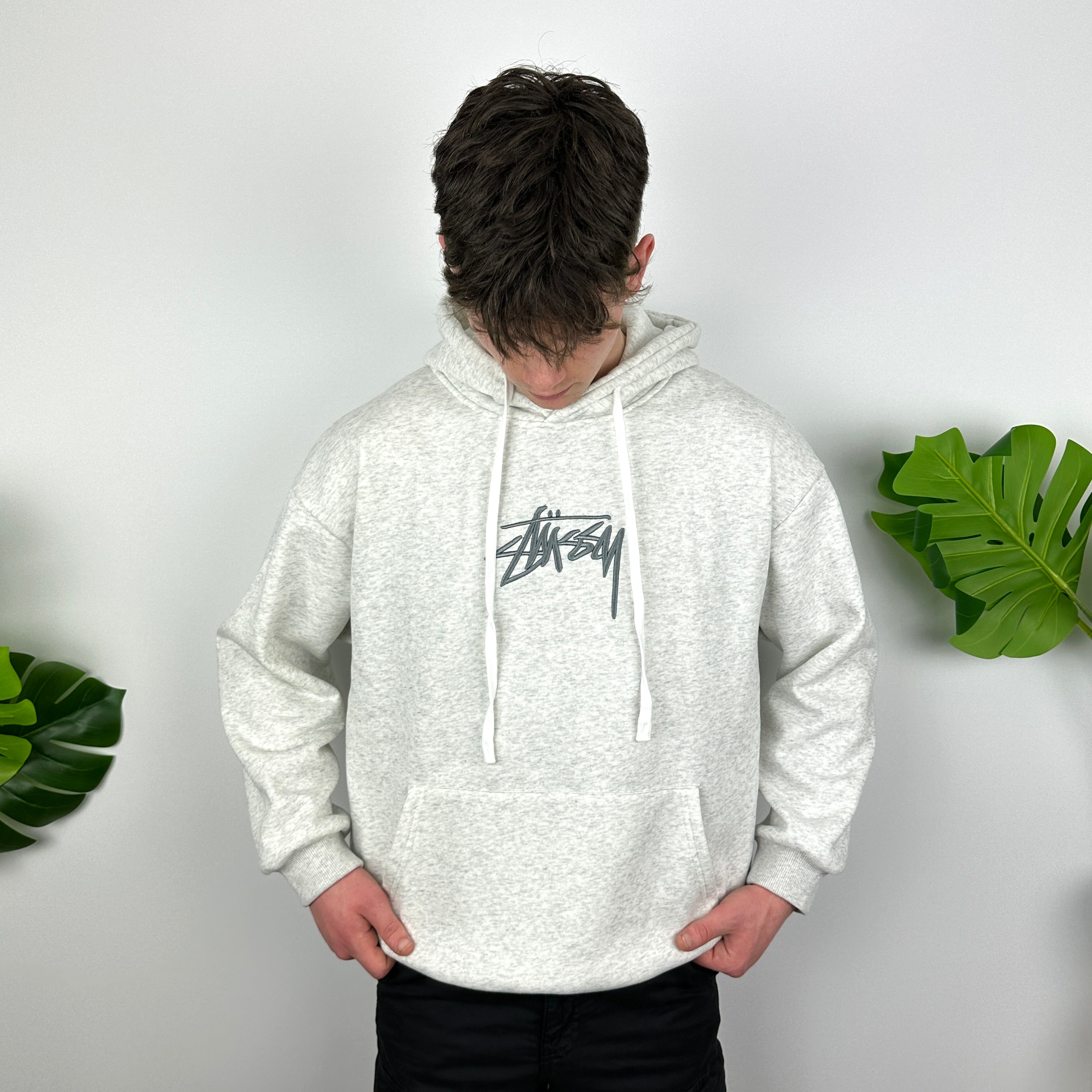 Stussy Grey Embroidered Spell Out Hoodie (L)