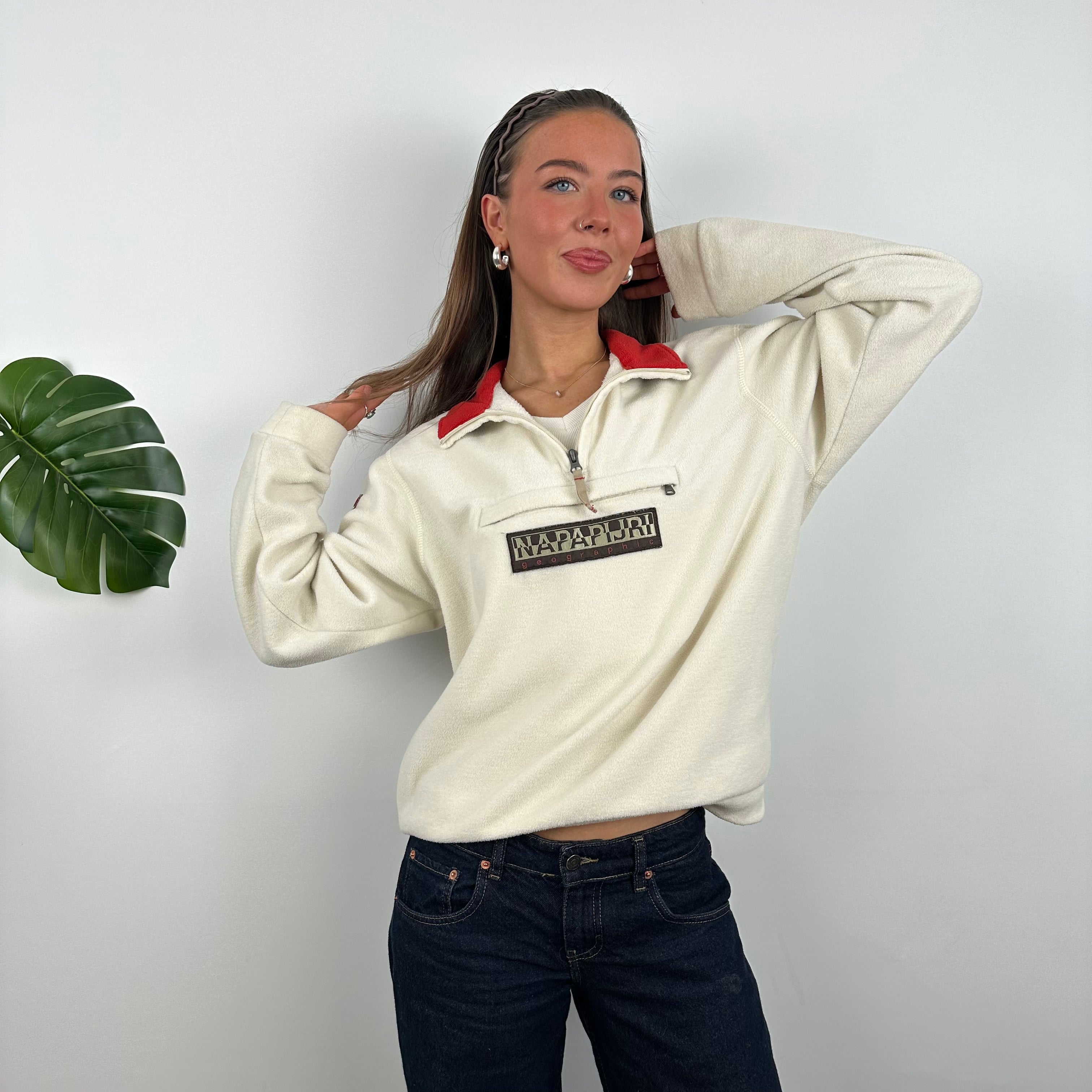 Napapijri Cream Embroidered Spell Out Teddy Bear Fleece Quarter Zip (M)