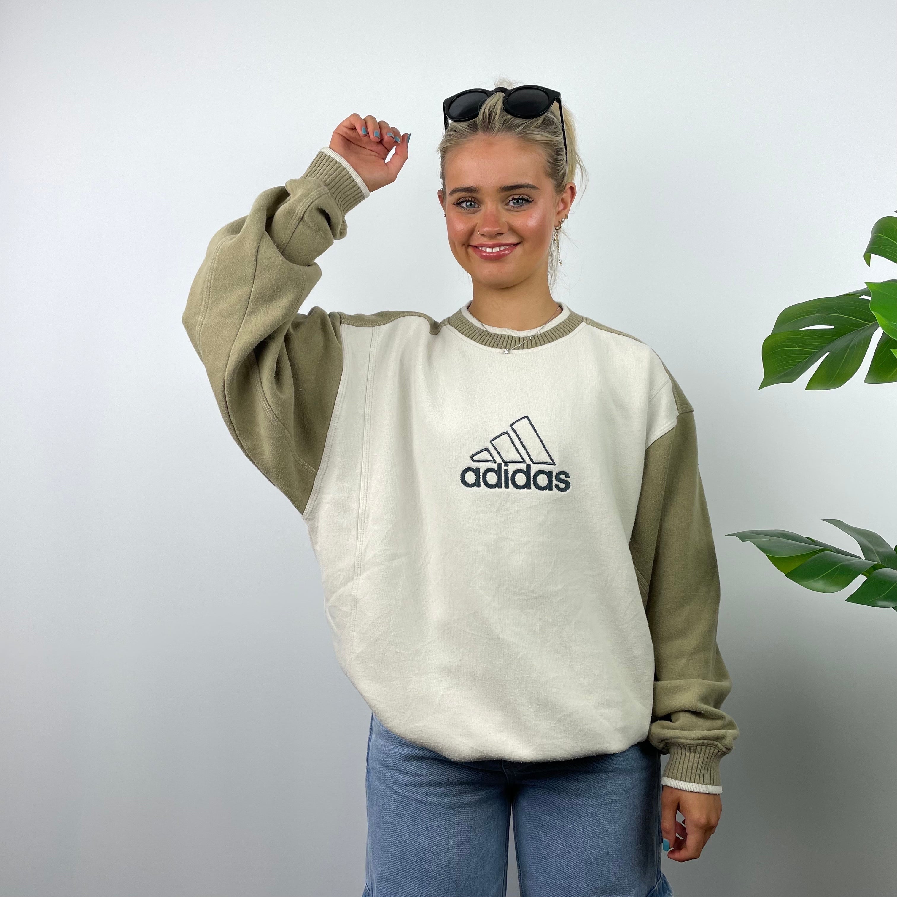 Adidas RARE Cream and Tan Brown Embroidered Spell Out Sweatshirt (M)