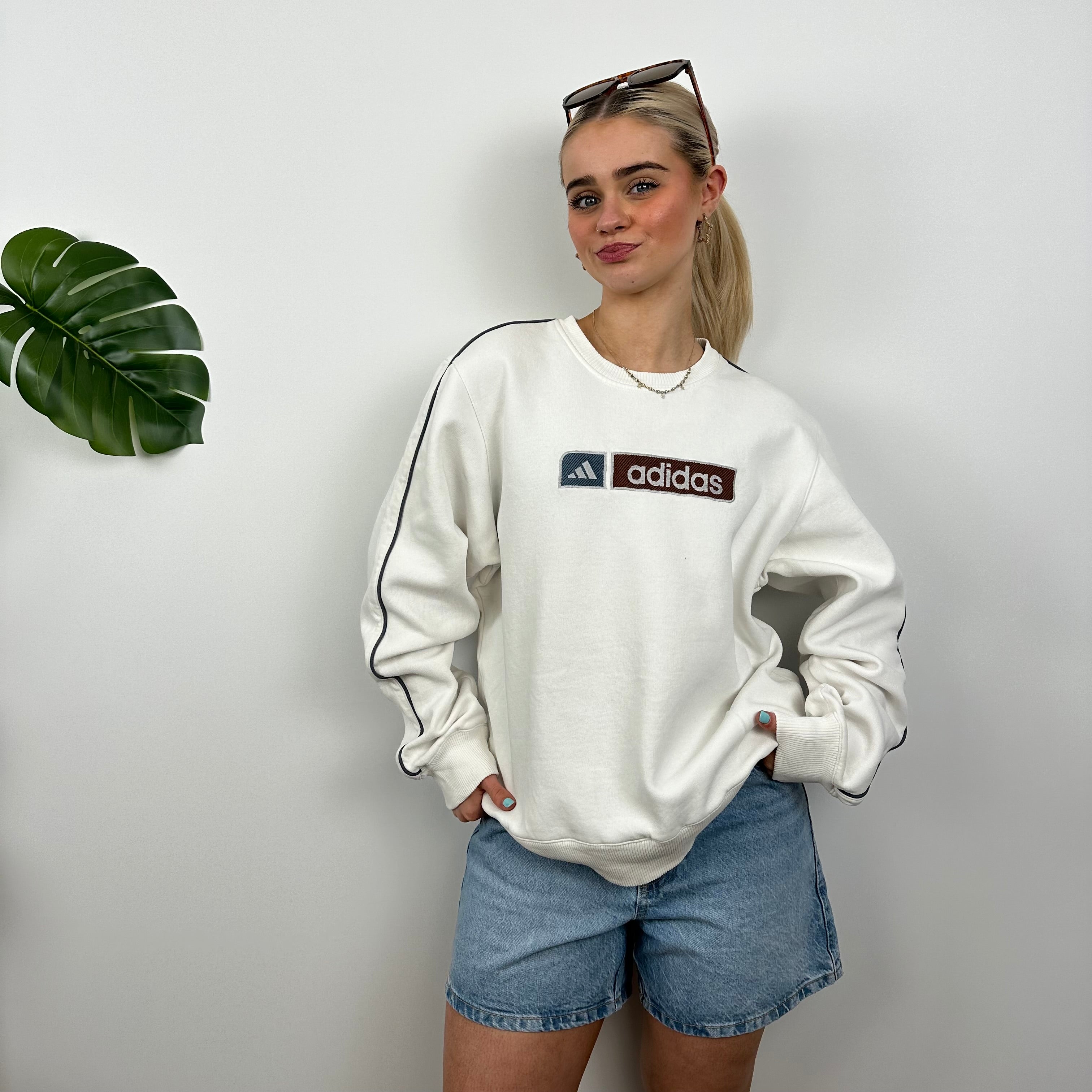 Adidas White Embroidered Spell Out Sweatshirt (M)