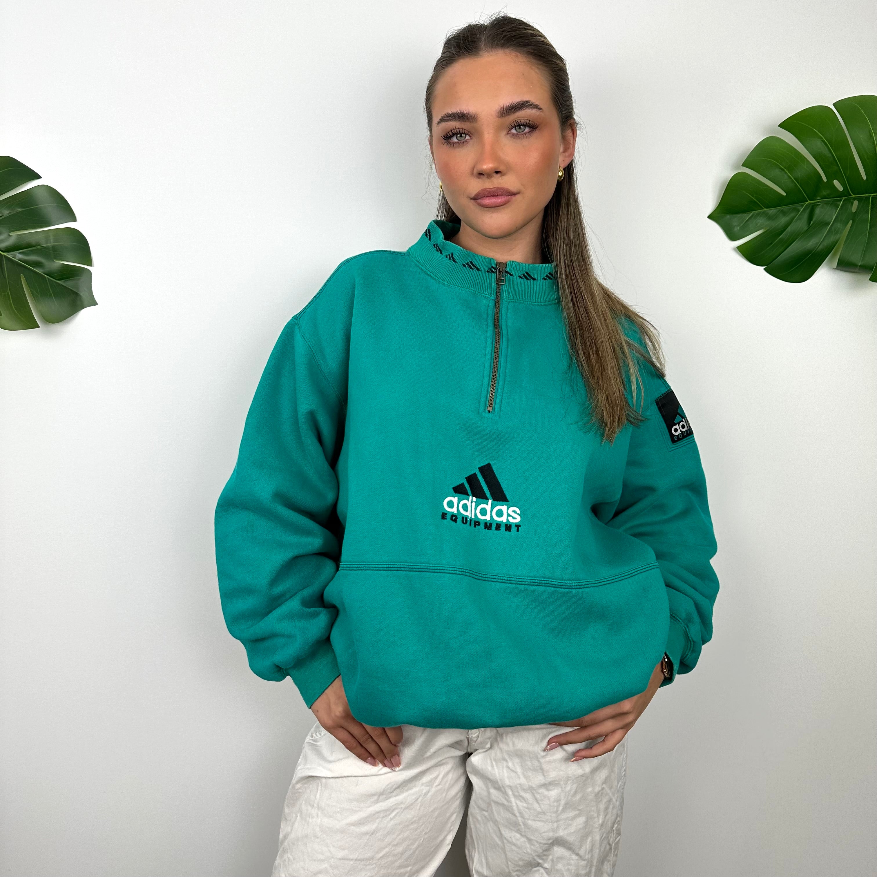 Adidas Equipment Turquoise Green Embroidered Spell Out Quarter Zip Sweatshirt (L)