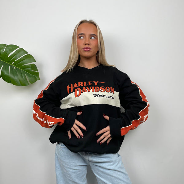 Harley Davidson RARE Black Embroidered Spell Out Sweatshirt(XL)