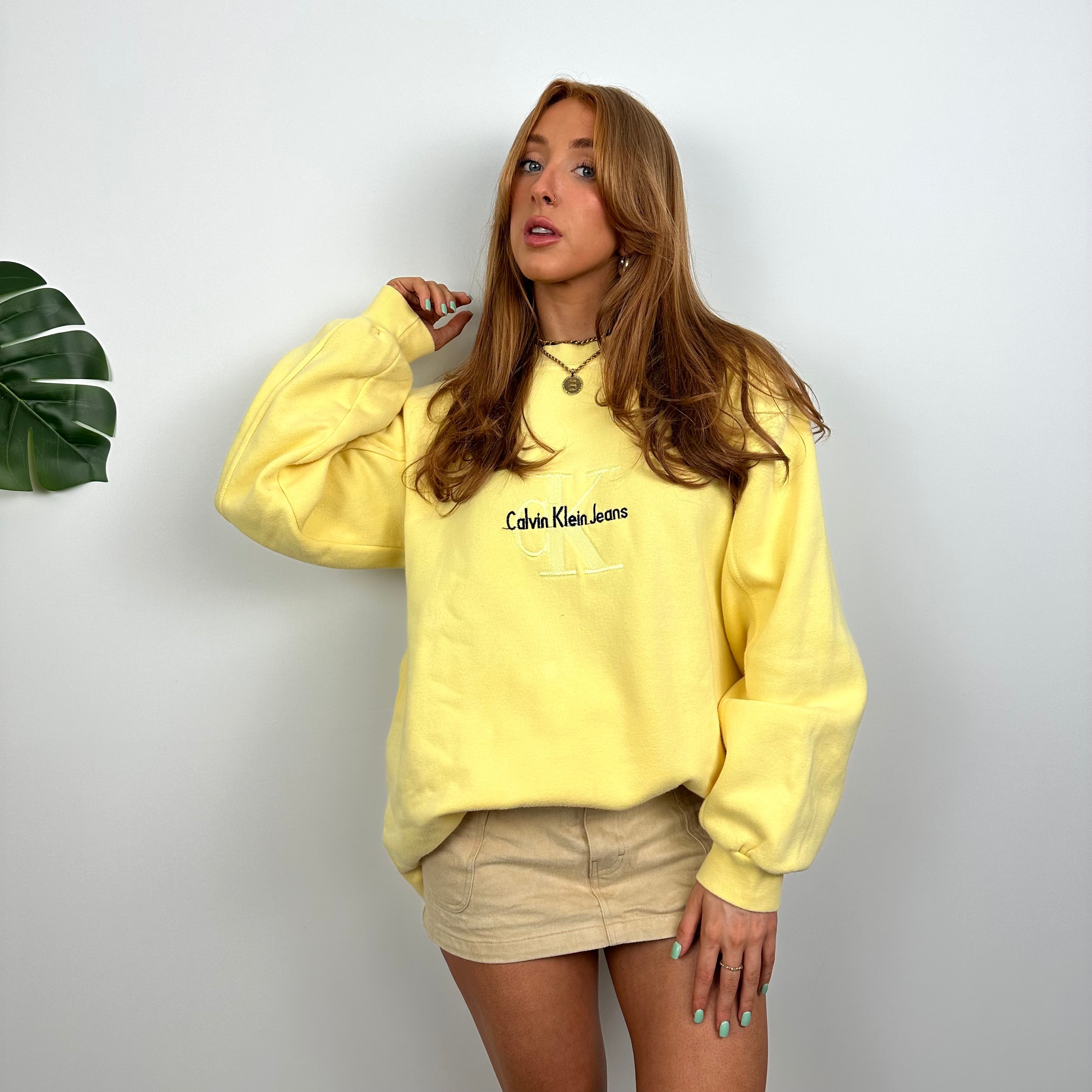 Calvin Klein RARE Yellow Embroidered Spell Out Sweatshirt (M)