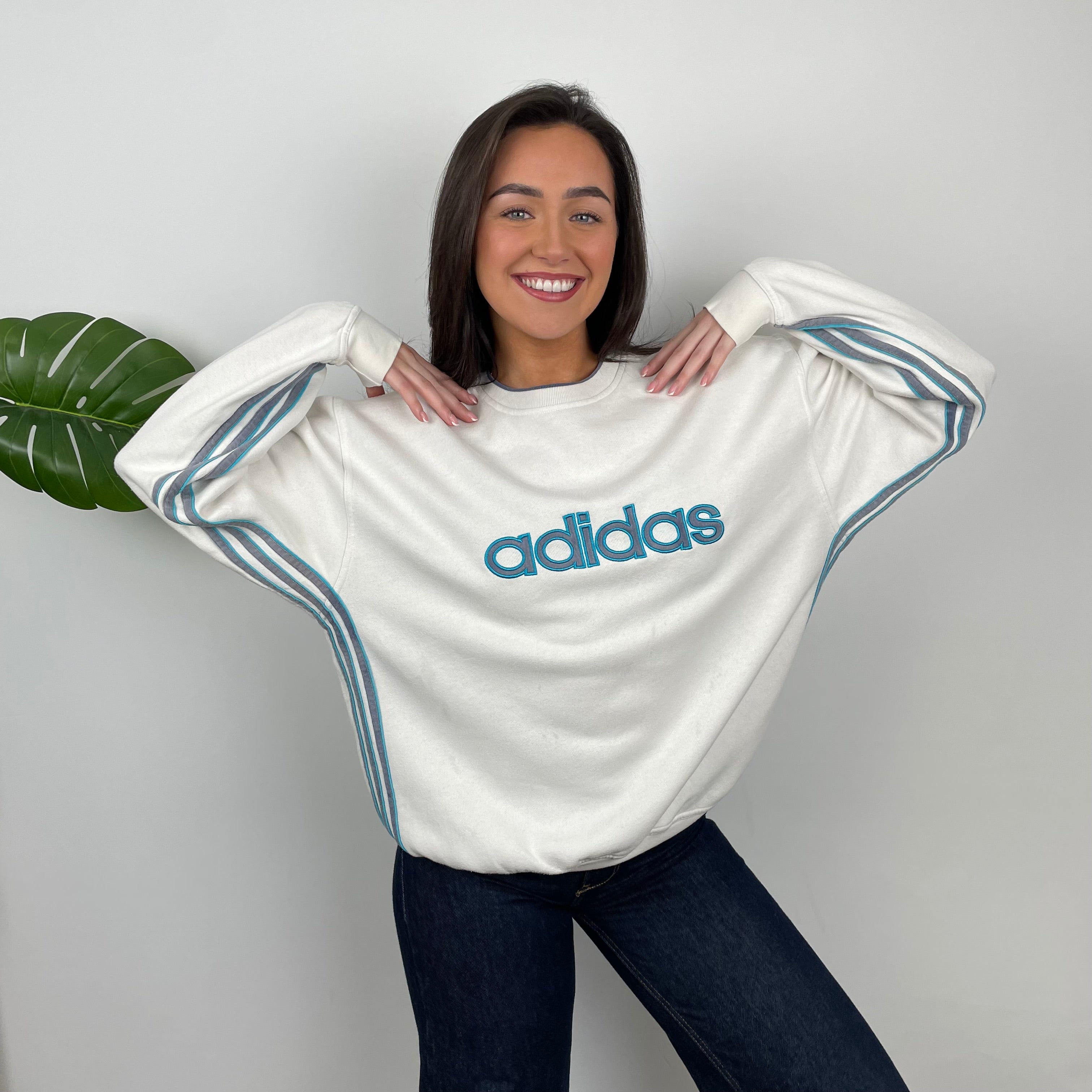 Adidas White Embroidered Spell Out Sweatshirt (M)