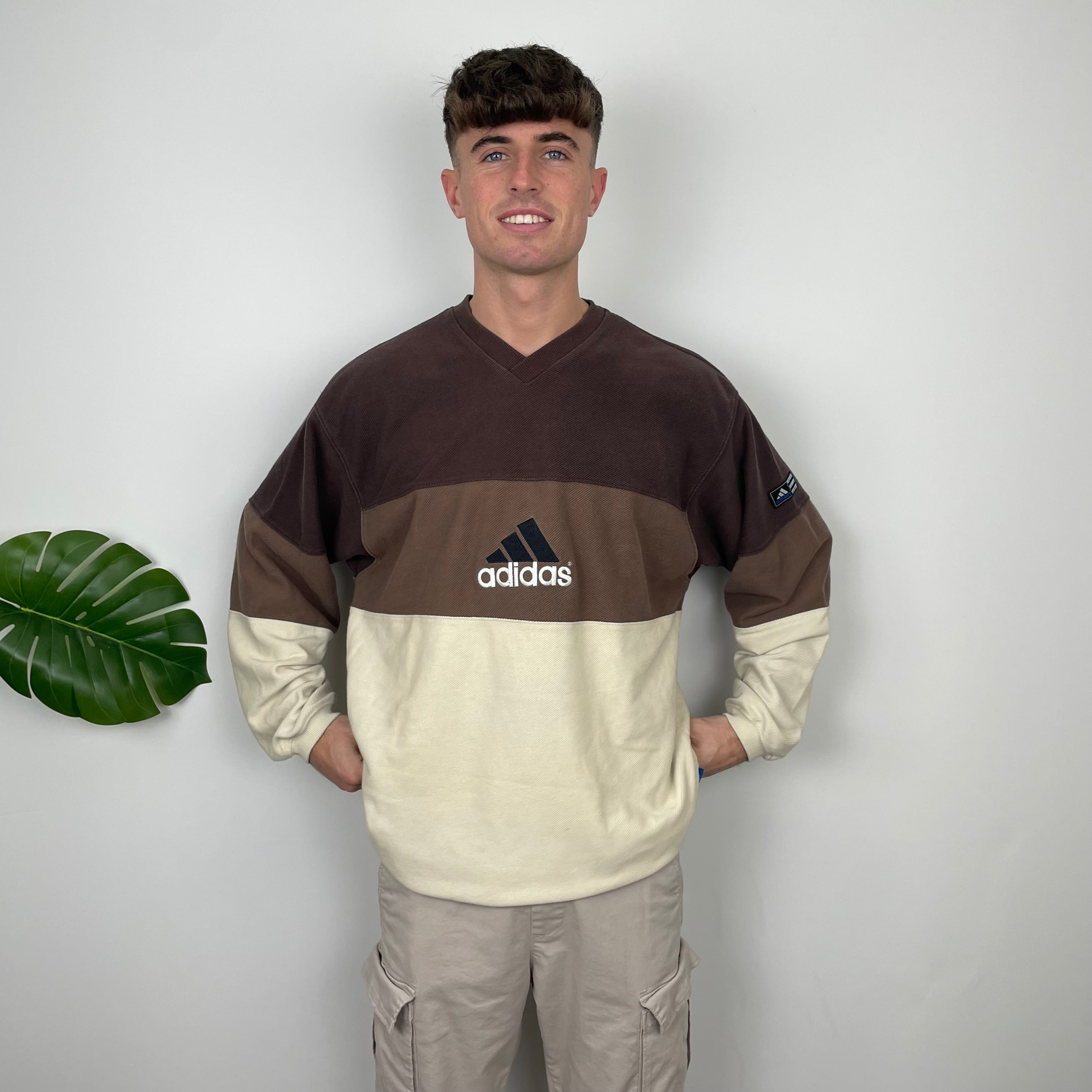 Adidas RARE Cream & Brown Colour Block Embroidered Spell Out Sweatshirt (XL)