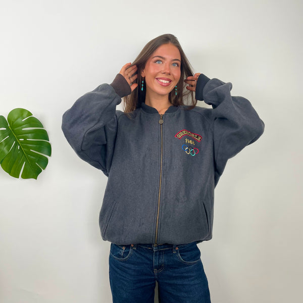 Adidas X Cortina Grenoble Olympics 80’s Grey Embroidered Spell Out Jacket