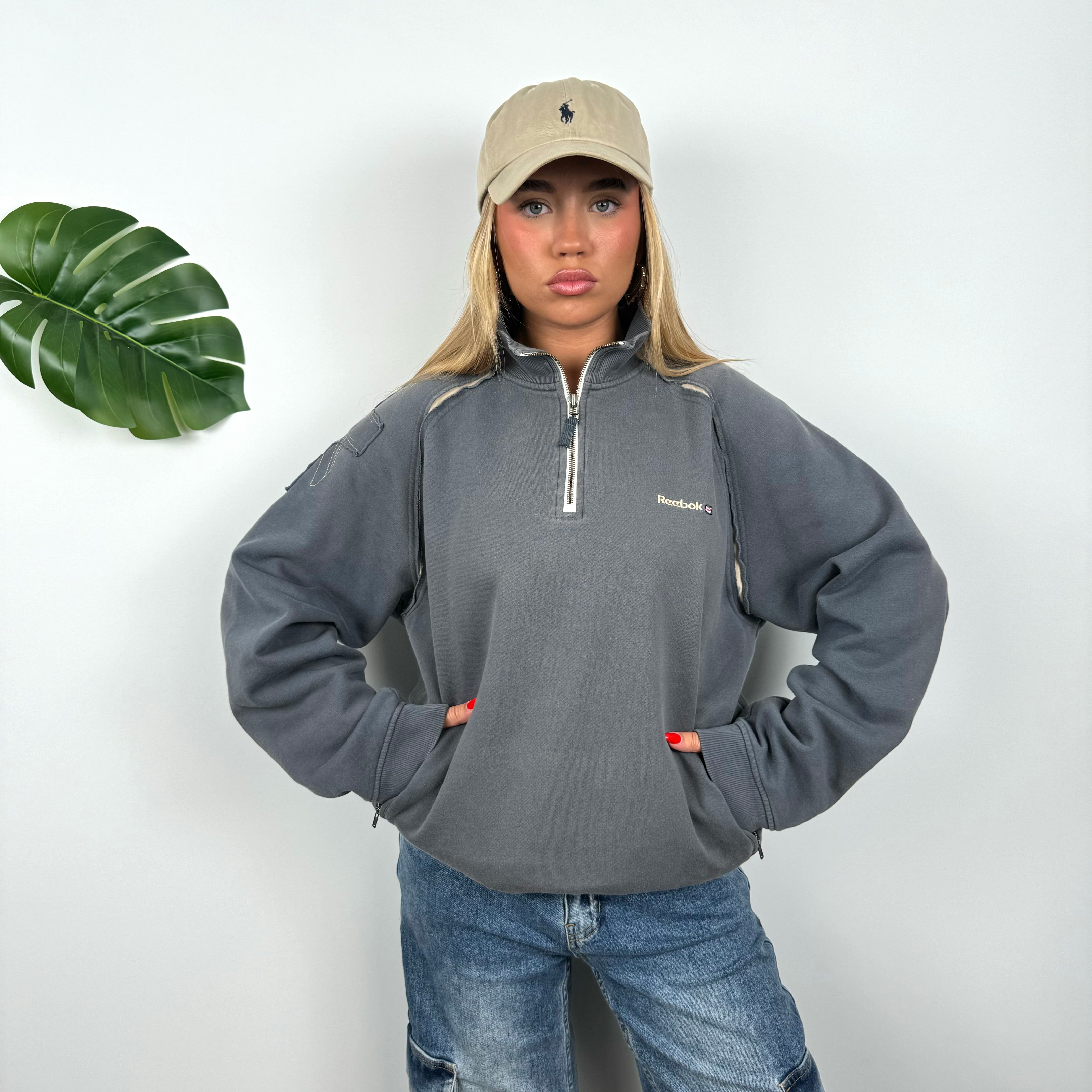 Reebok Grey Embroidered Spell Out Quarter Zip Sweatshirt (L)