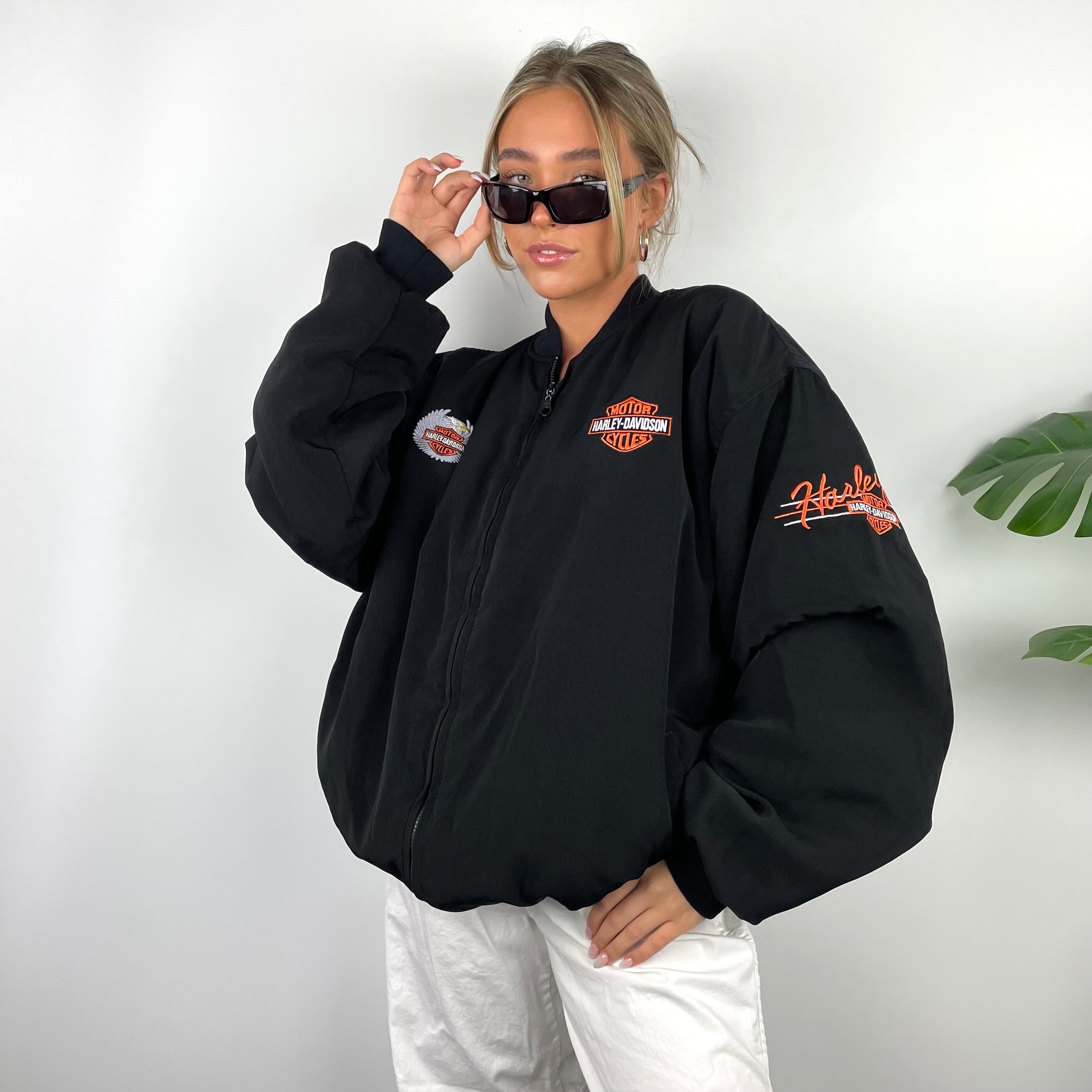 Harley Davidson RARE Black Embroidered Spell Out Zip Up Jacket (XXL)