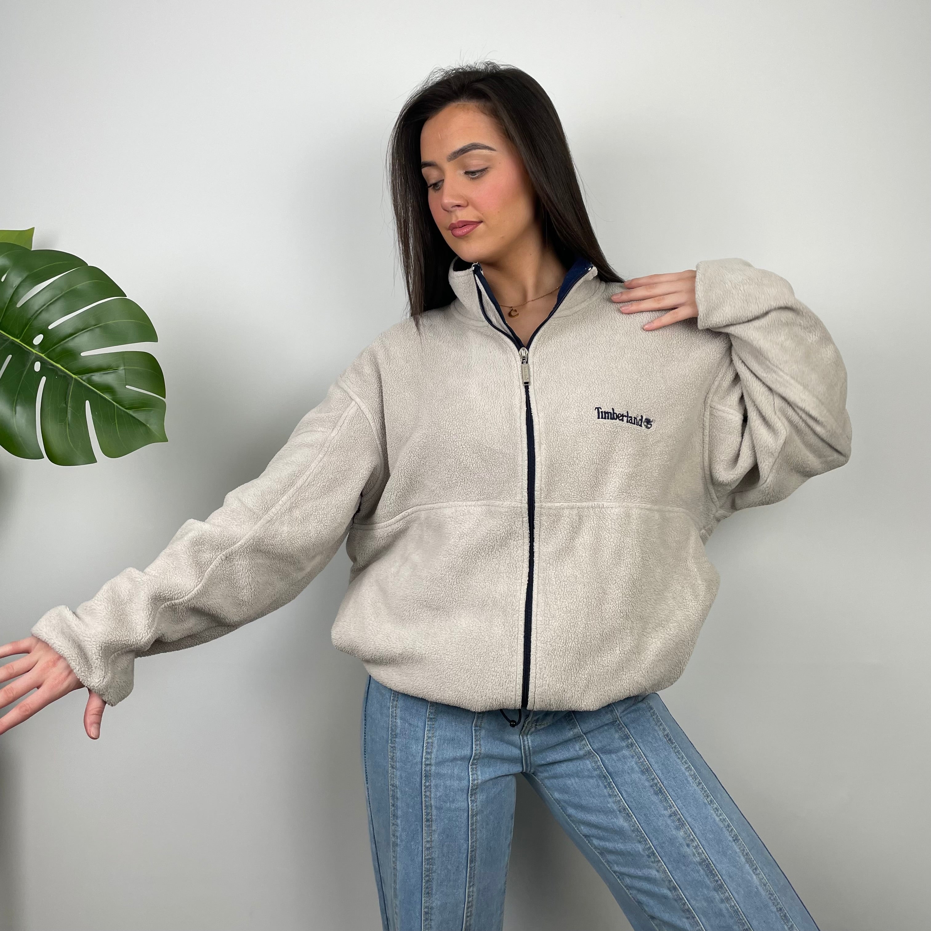 Timberland RARE Cream Embroidered Spell Out Logo Teddy Bear Fleece Zip Up Jacket (L)