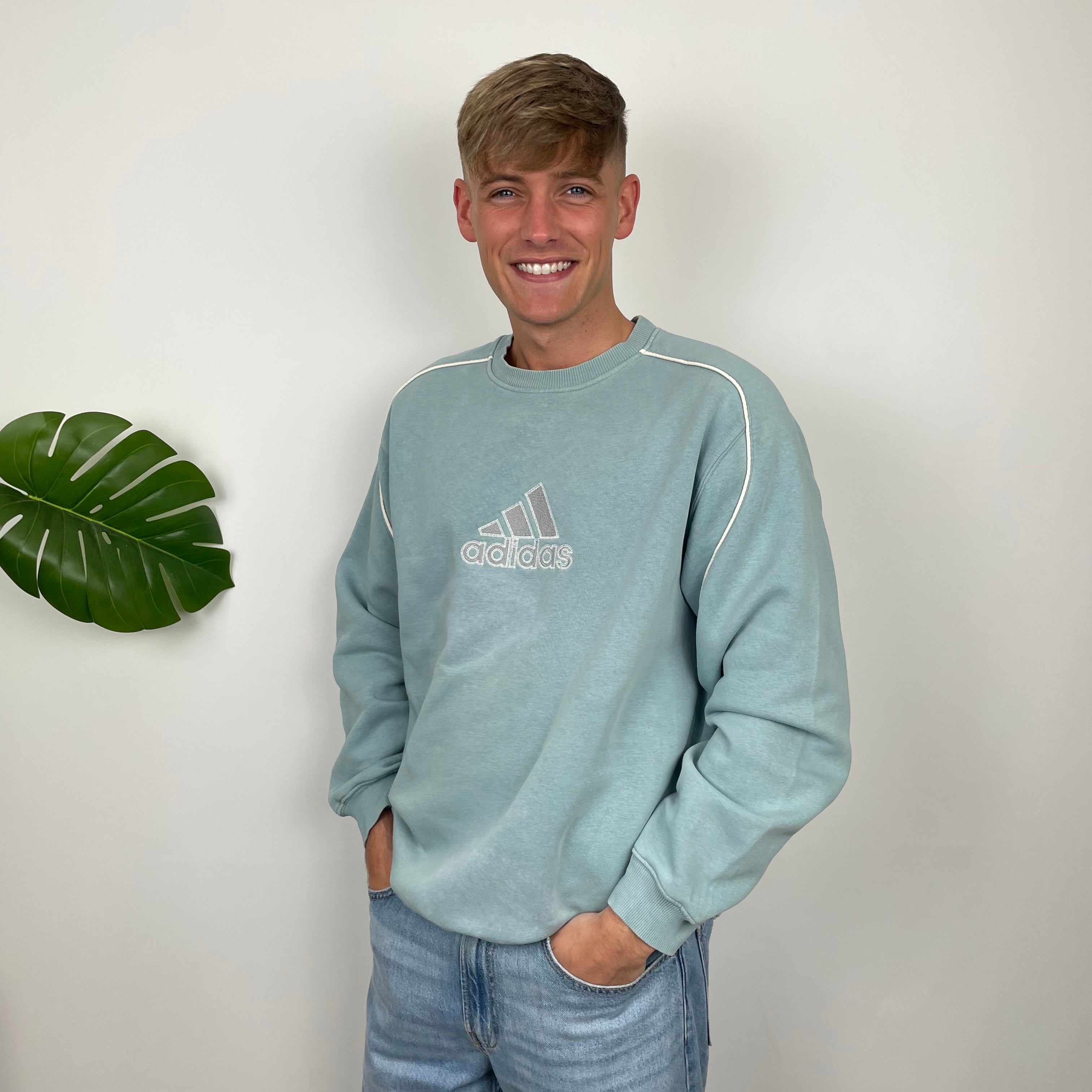 Adidas RARE Baby Blue Embroidered Spell Out Sweatshirt (XL)