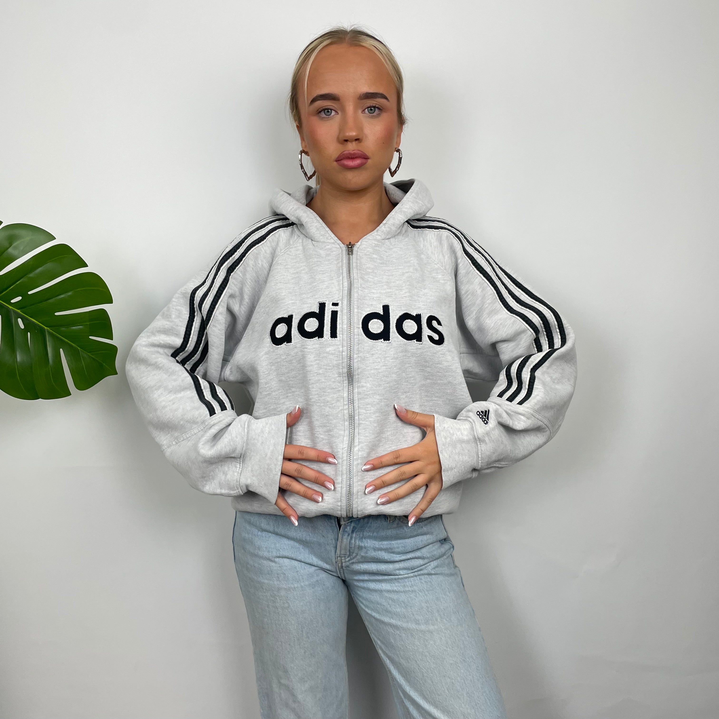 Adidas Grey Embroidered Spell Out Zip Up Hoodie Jacket (M)