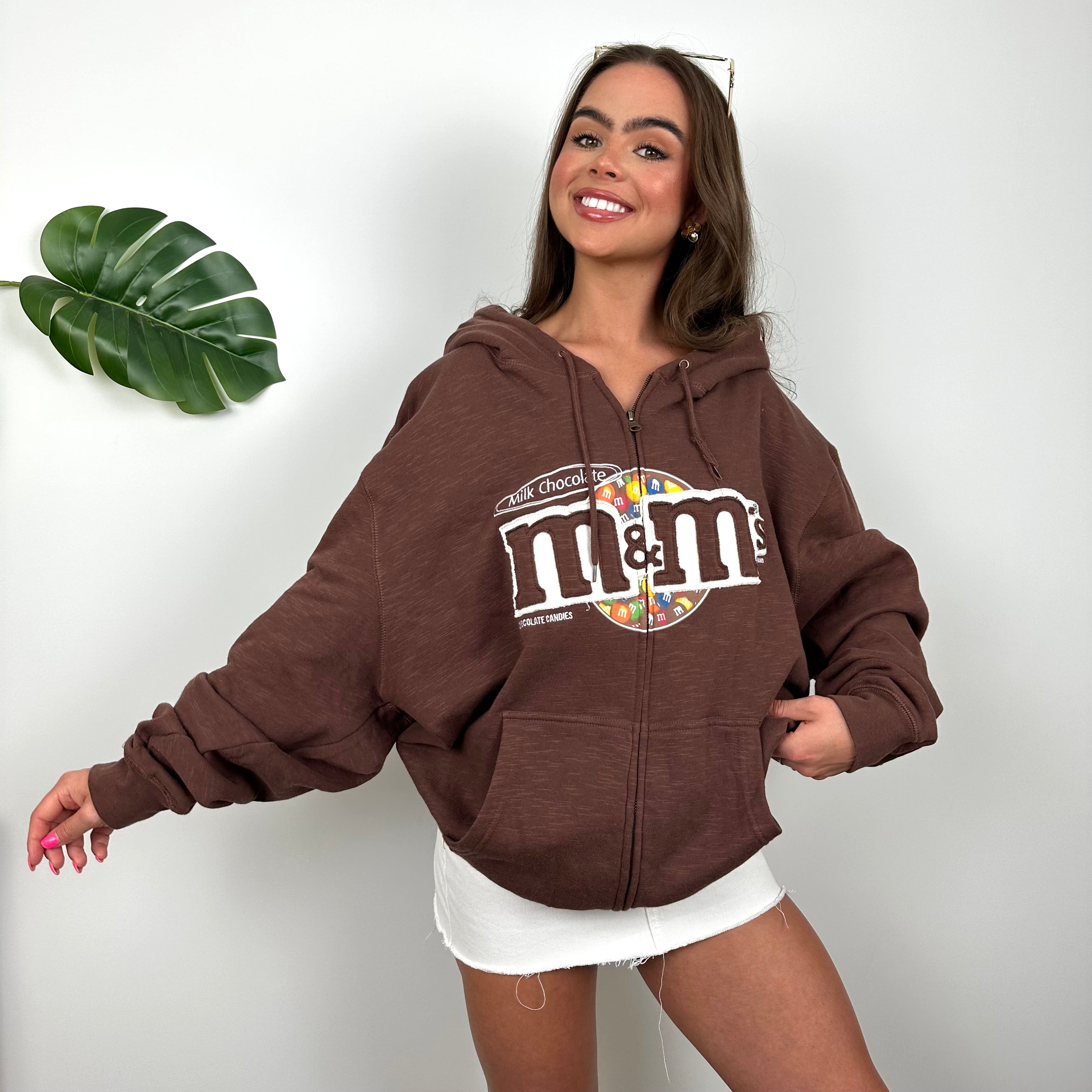 M&M’s Chocolate Brown Embroidered Spell Out Zip Up Hoodie Jacket (XL)