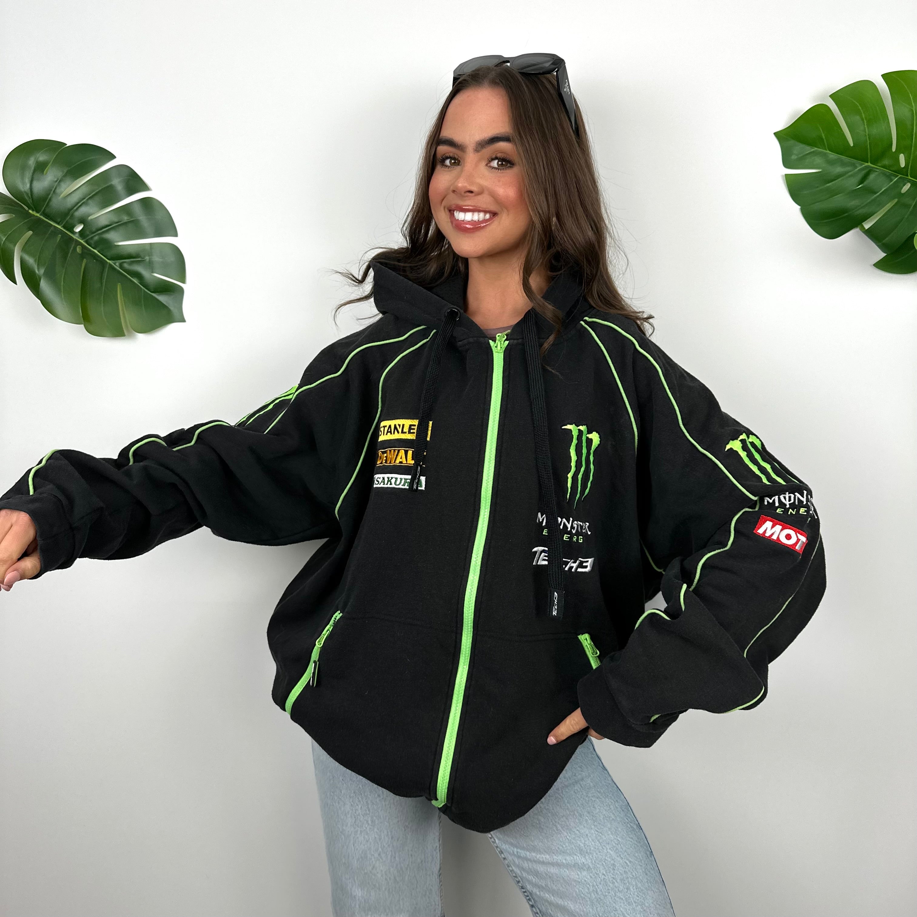 Monster Energy Racing Team Black Embroidered Spell Out Zip Up Hoodie Jacket (XL)