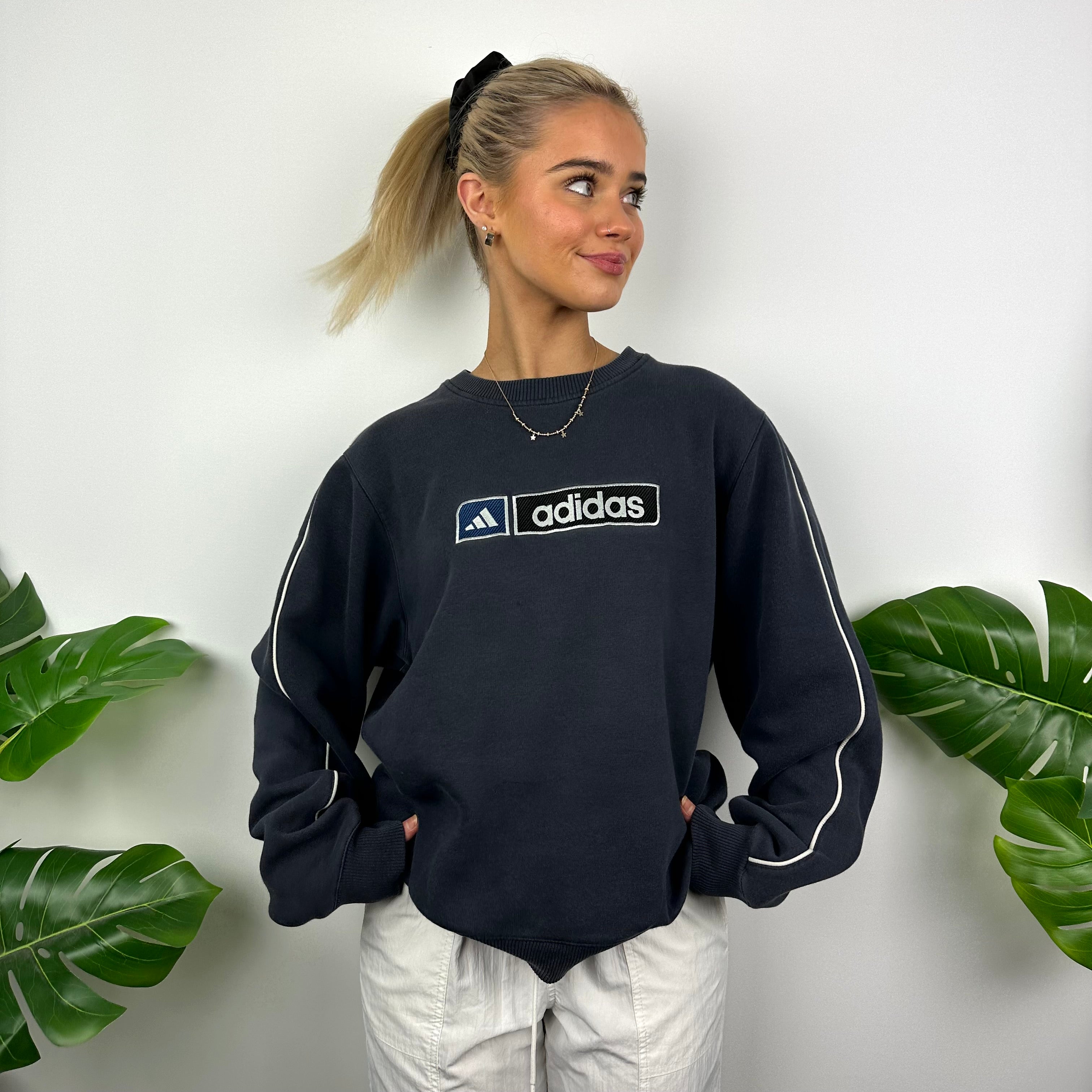 Adidas Navy Embroidered Spell Out Sweatshirt (M)