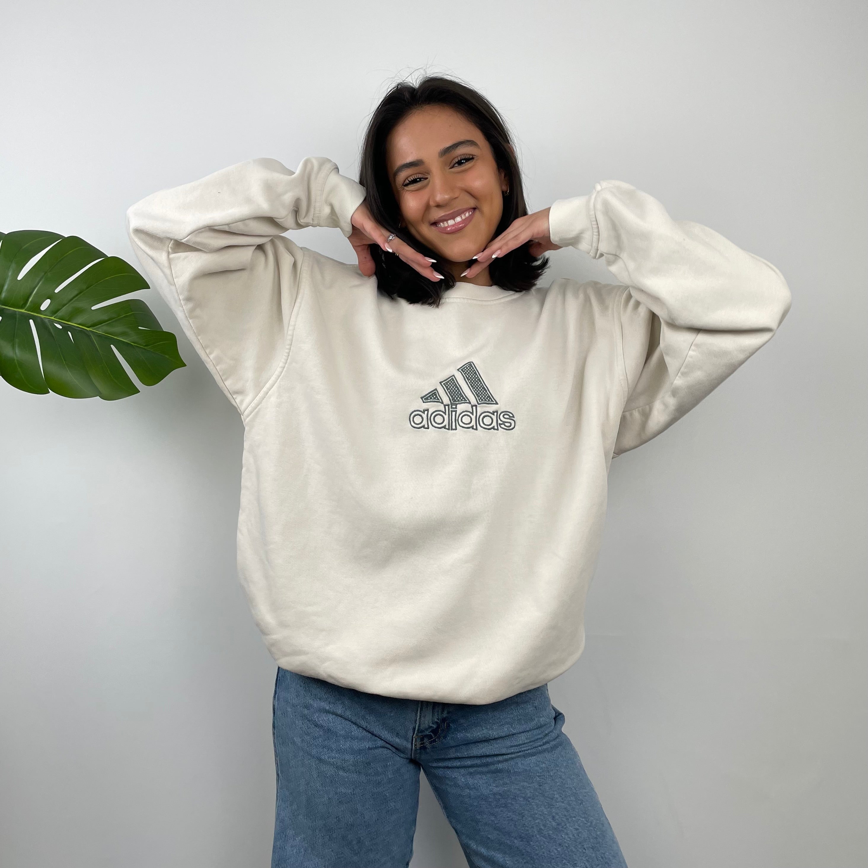 Adidas Cream Embroidered Spell Out Sweatshirt (L)